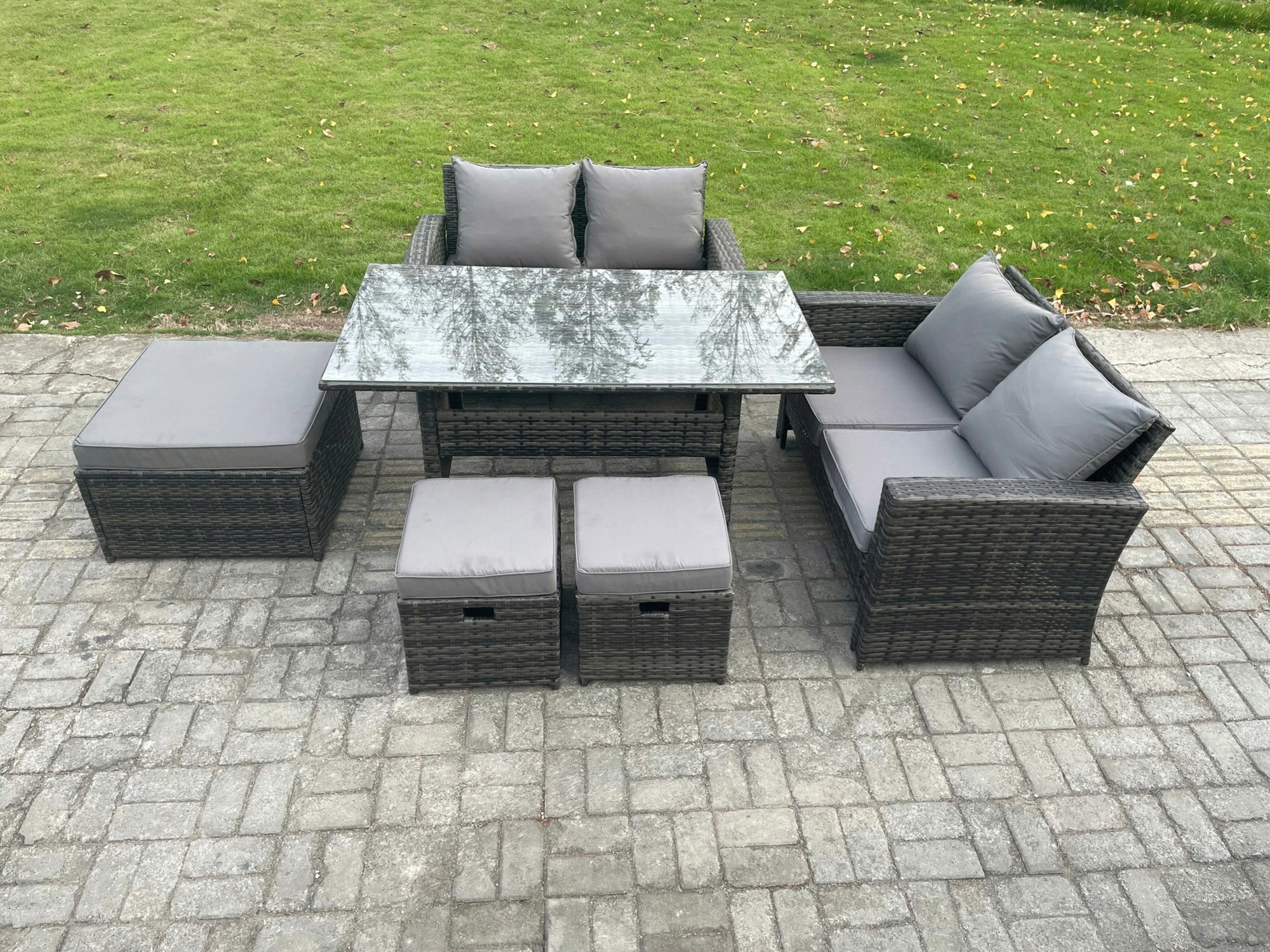 Fimous Dark/Grey 7 Seater High Back Outdoor Garden Furniture Rattan Sofa Dining Table Set With 3 Footstools Mixed