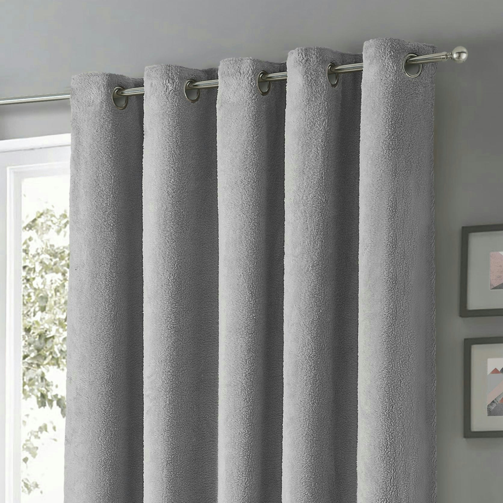 Velosso Silver Teddy Fleece Readymade Eyelet Curtains - 168Cm X 137Cm