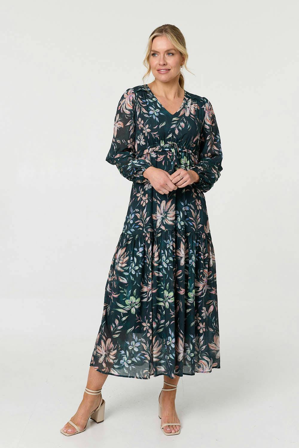 Izabel London Green Floral Long Sleeve Relaxed Maxi Dress - 18