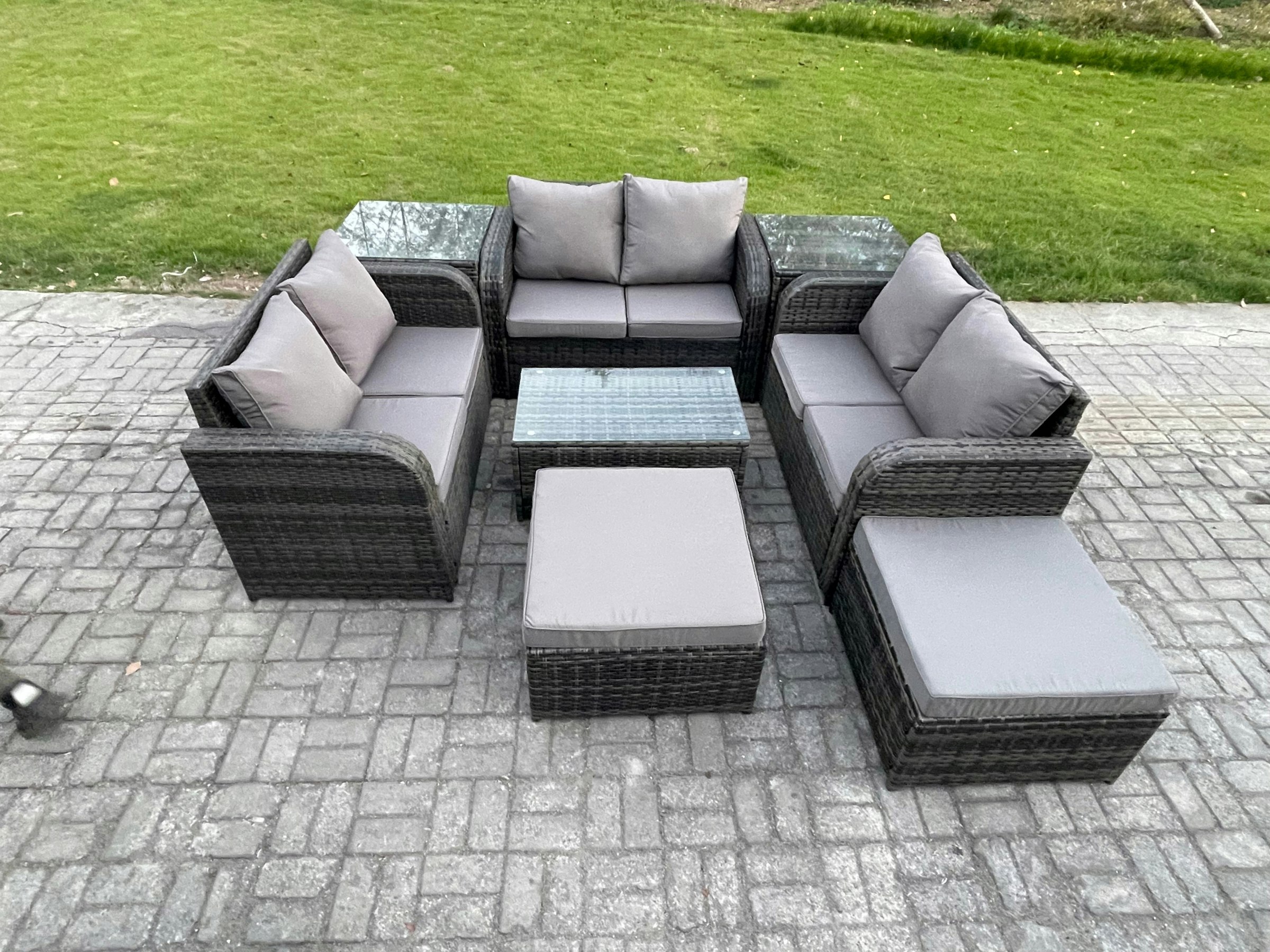 Fimous Dark/Grey 8 Seater Mixed Rattan Outdoor Lounge Set - Loveseat, Coffee Table & 2 Side Tables & 2 Big Footstools