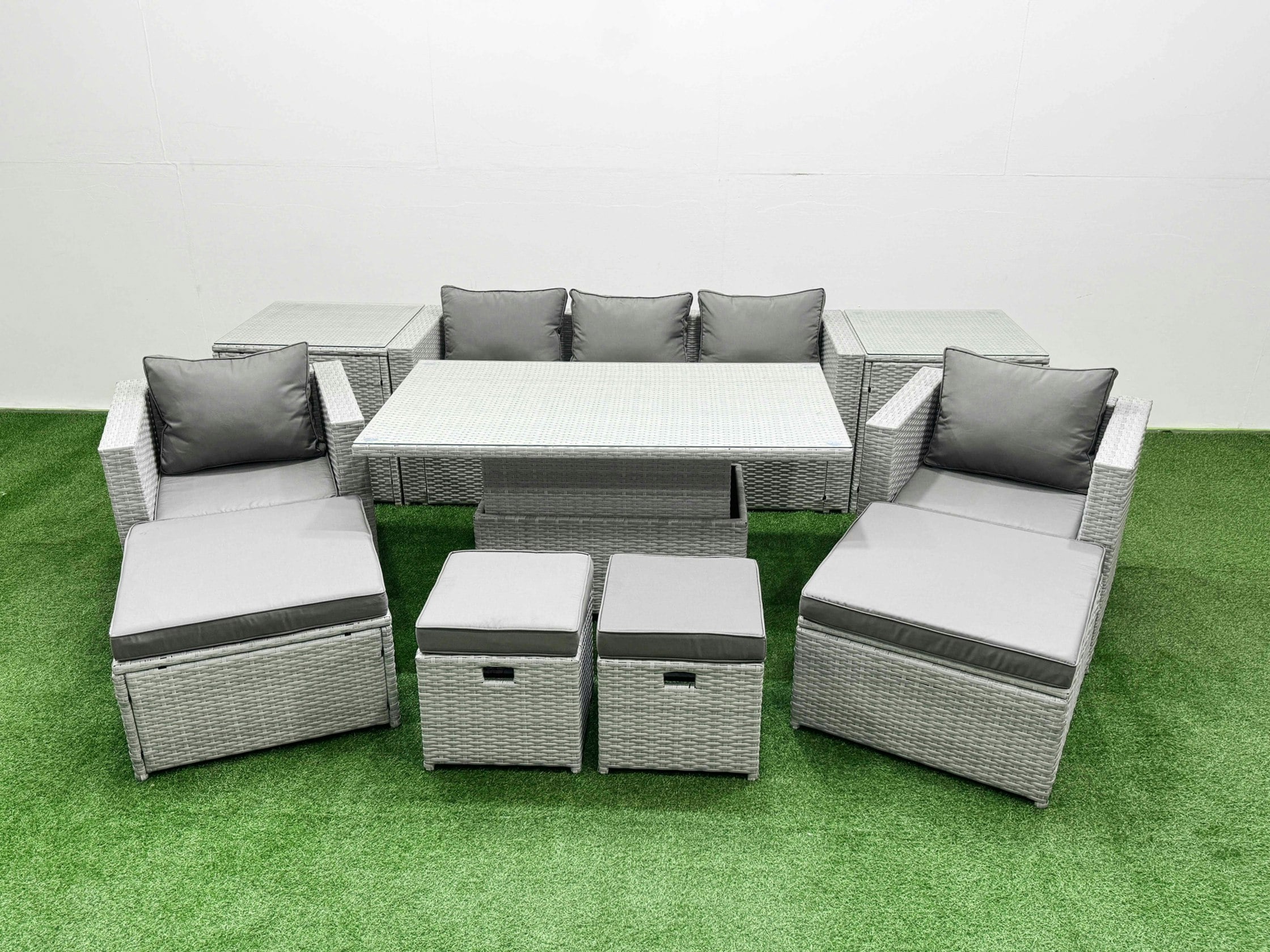 Fimous Light/Grey 10 Pcs Rising Dining Table Set Rattan Furniture Set With 3 Seater Sofa Chair 2 Big Footstools 2 Small Footstools 2 Side Tables