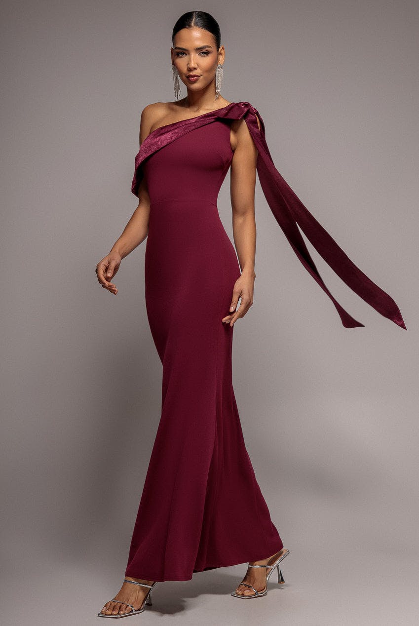 Goddiva Burgundy One Shoulder Velvet Satin Bow Cape Maxi Dress - By - 16