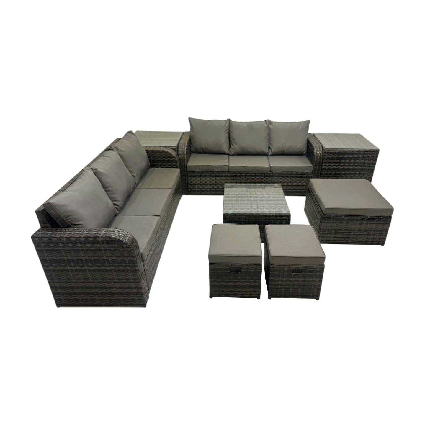 Fimous Dark/Grey Rattan Garden Outdoor Furniture Set 3 Seater Sofa Square Coffee Table Set With 2 Side Tables 3 Stools Mixed