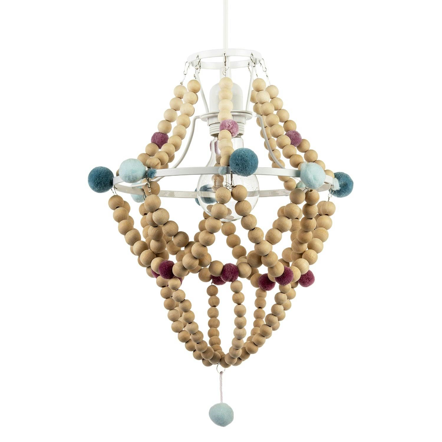 Happy Homewares Light/White/Blue Wooden Beaded Chandelier Style Pendant Shade With Coloured Pom Poms