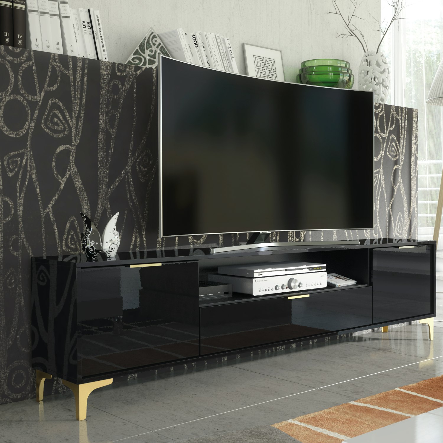 Mex Furniture Black/Gold Luxury 200Cm High Gloss Tv Unit With Finish Accents Sleek Stand Cabinet - 1 - Mdf/Chipboard 200 Cm