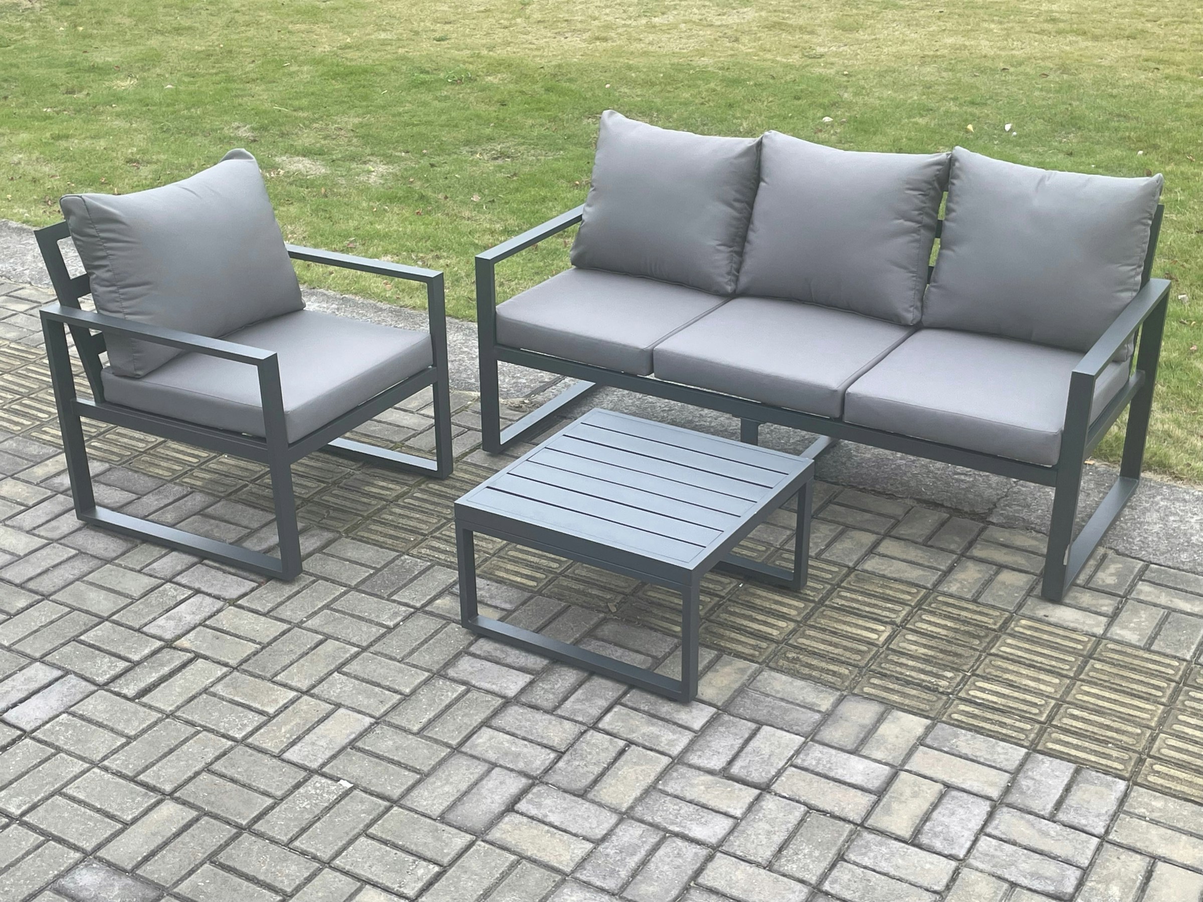 Fimous Dark/Grey Aluminium Outdoor Garden Furniture Set Lounge Sofa Chairs Square Coffee Table Sets Conservatory Set