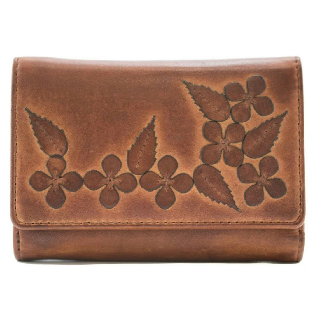 Mala Leather Wild Bloom Classic Floral Tan Leather Tri-Fold Purse - Tan