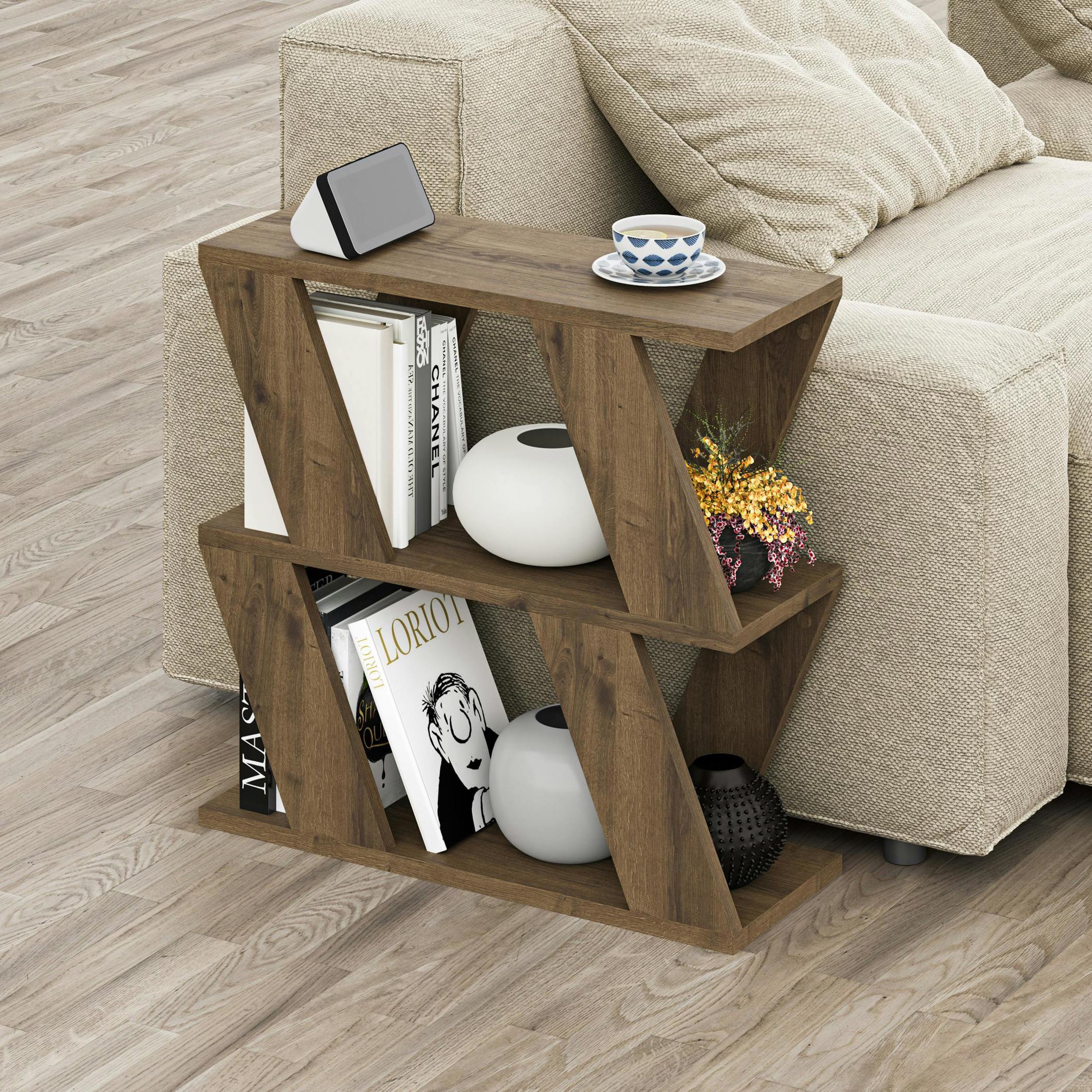 Decortie Dark Lazena Modern 3-Tier Side Table, Slim Particleboard End Table H55.4cm - Oak