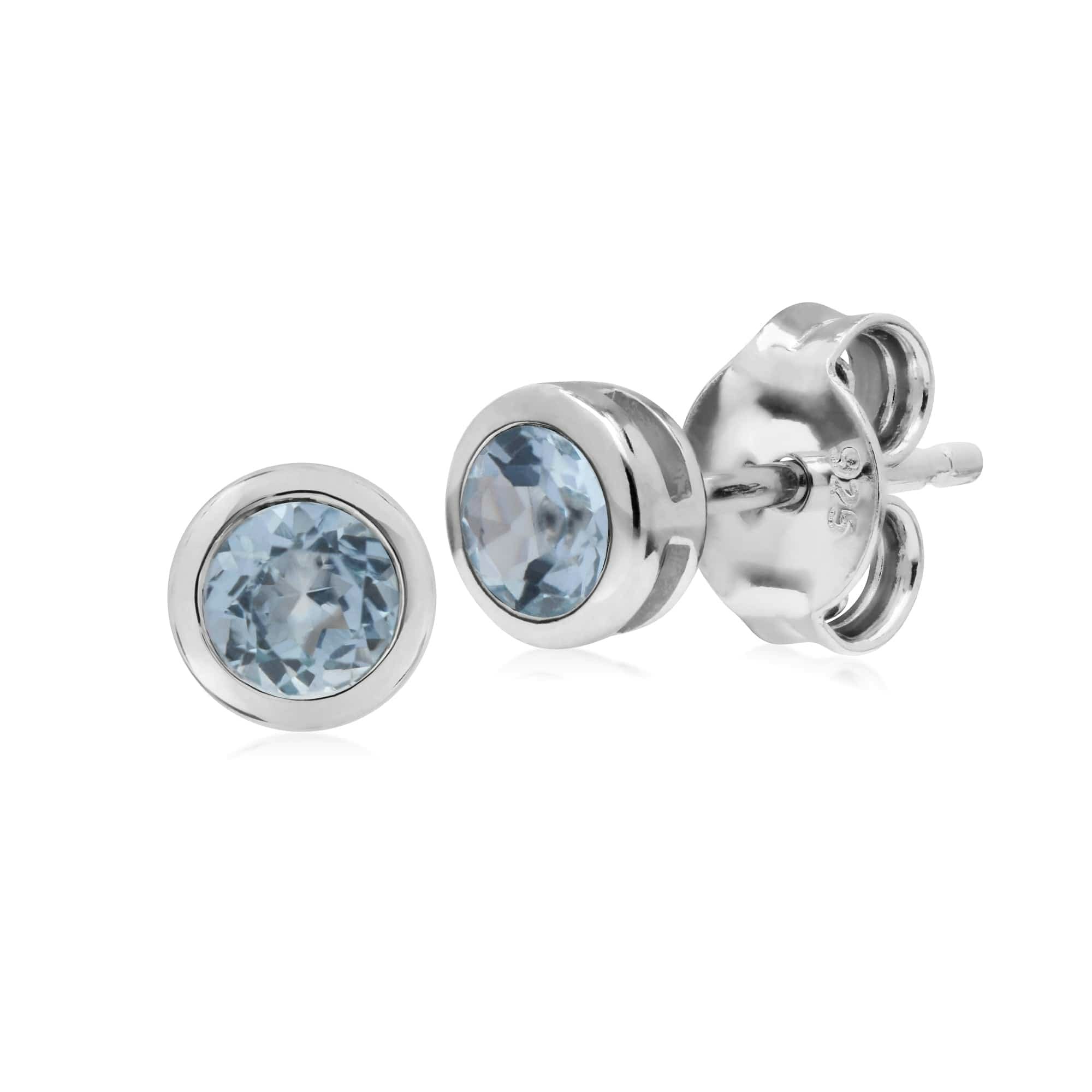 Gemondo Silver Classic Round Aquamarine Bezel Stud Earrings In 925 Sterling - Sterling Simple Aquamarine Bezel Round Stud Earrings