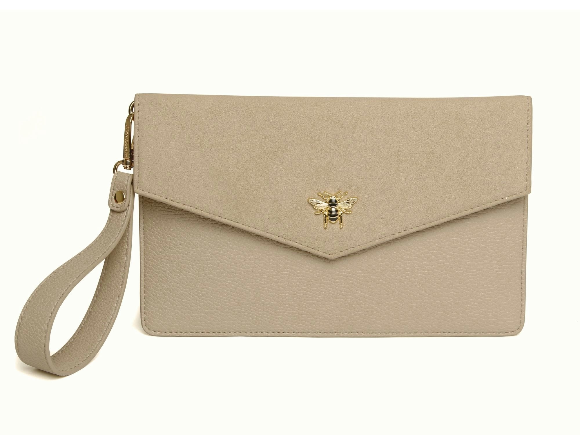 Alice Wheeler Gold Bee Envelope Clutch With Detachable Wrist Strap - Stone