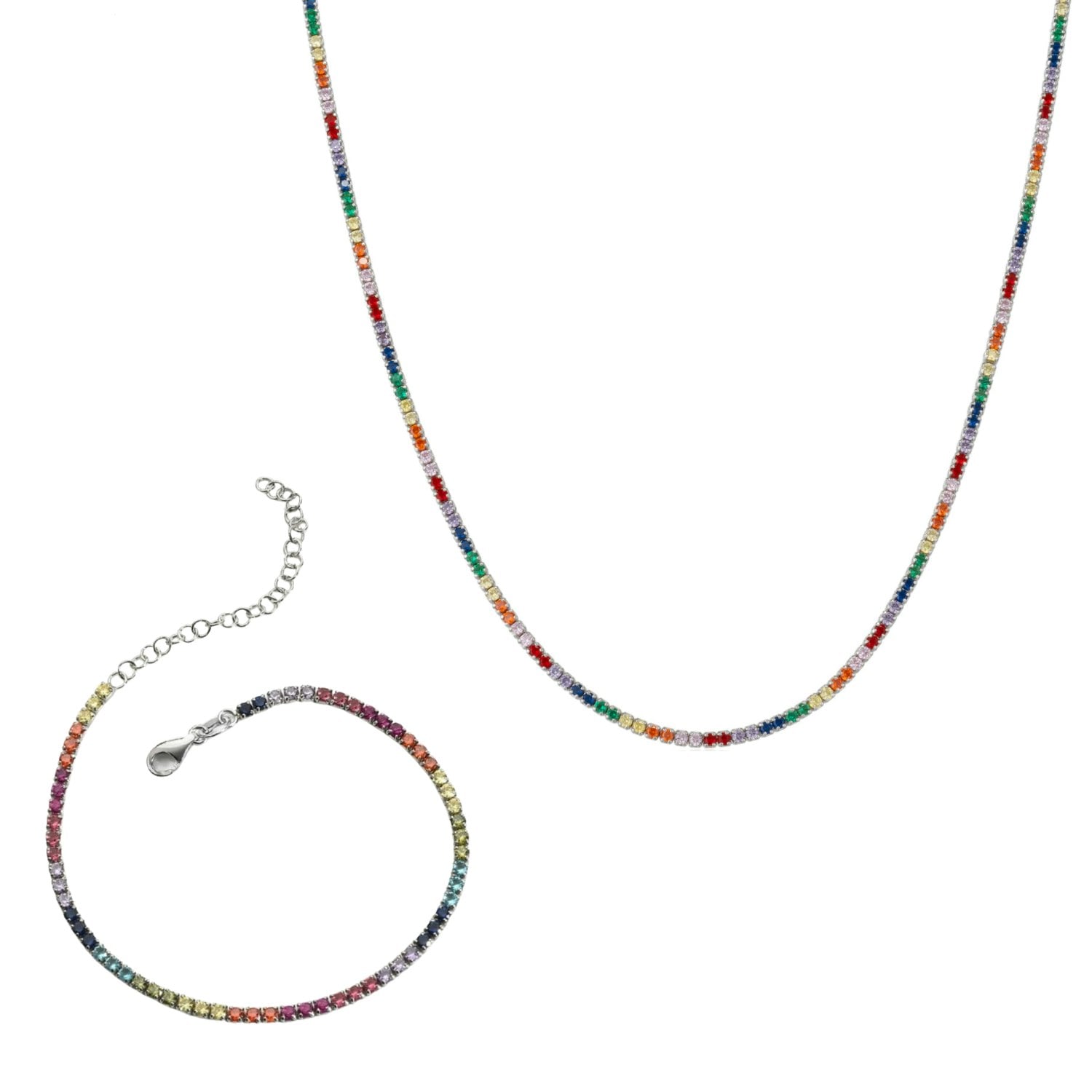 Spero London Silver Rainbow Tennis Necklace And Bracelet Set Sterling