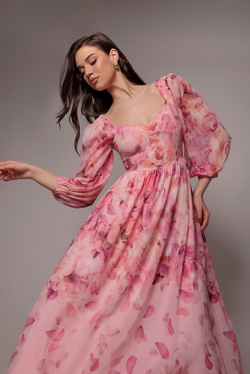 Goddiva Pink Floral Print Shirred Back A Line Maxi Dress - Blush By - Blush - 18
