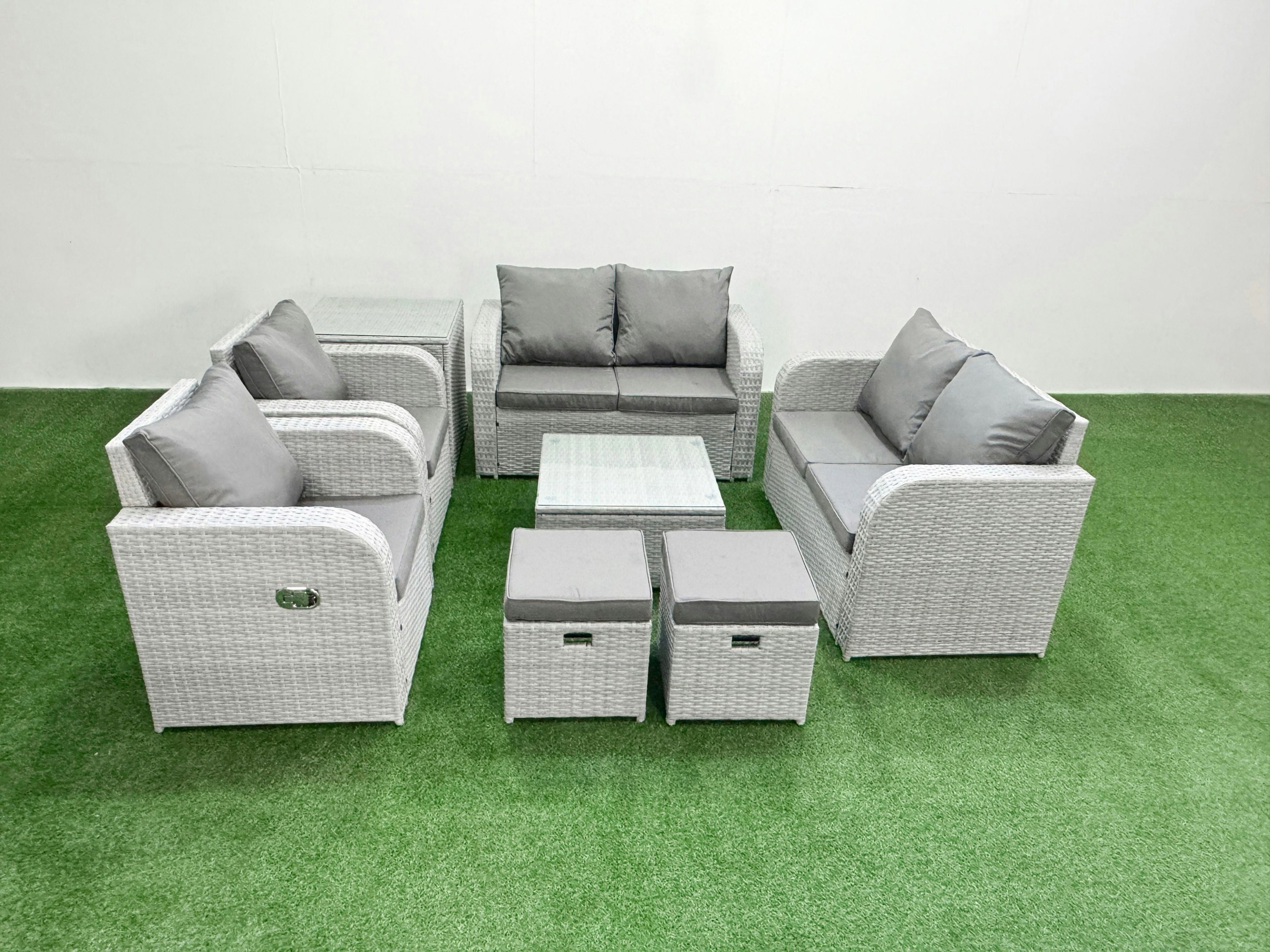 Rackhams Light/Grey 8 Seater Outdoor Reclining Chair Love Sofa Set Rattan Garden Furniture Set With Square Coffee Table 2 Stools Side Table