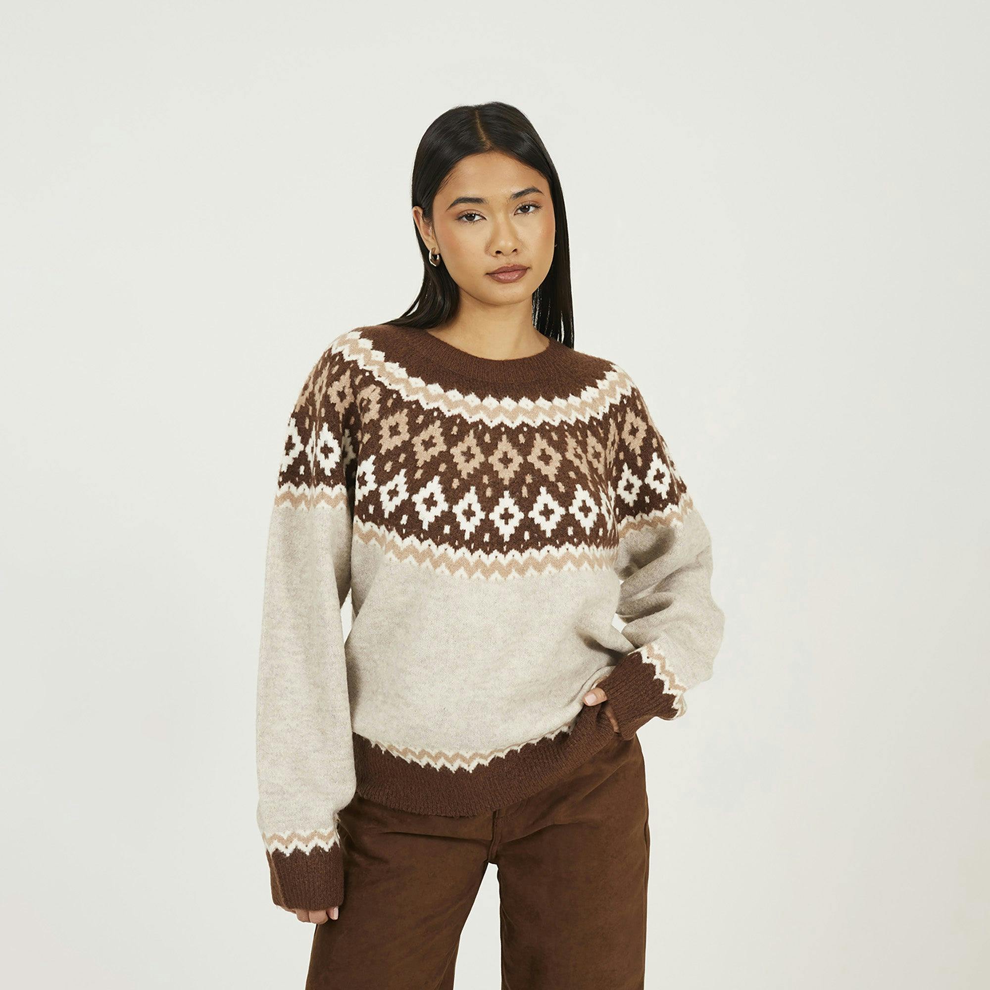 Brave Soul Crew Neck Fairisle Jumper - Taupe - Taupe - Xs