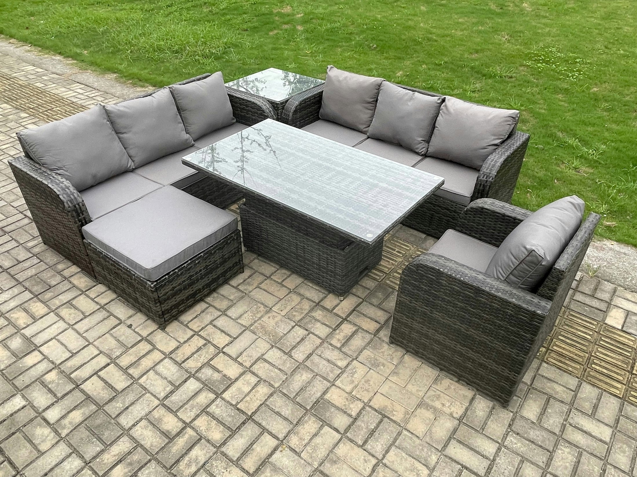 Fimous Dark/Grey Mixed Rattan Outdoor Dining Set - Height Adjustable Lifting Table, Reclining Chair, Big Footstool & Side Table
