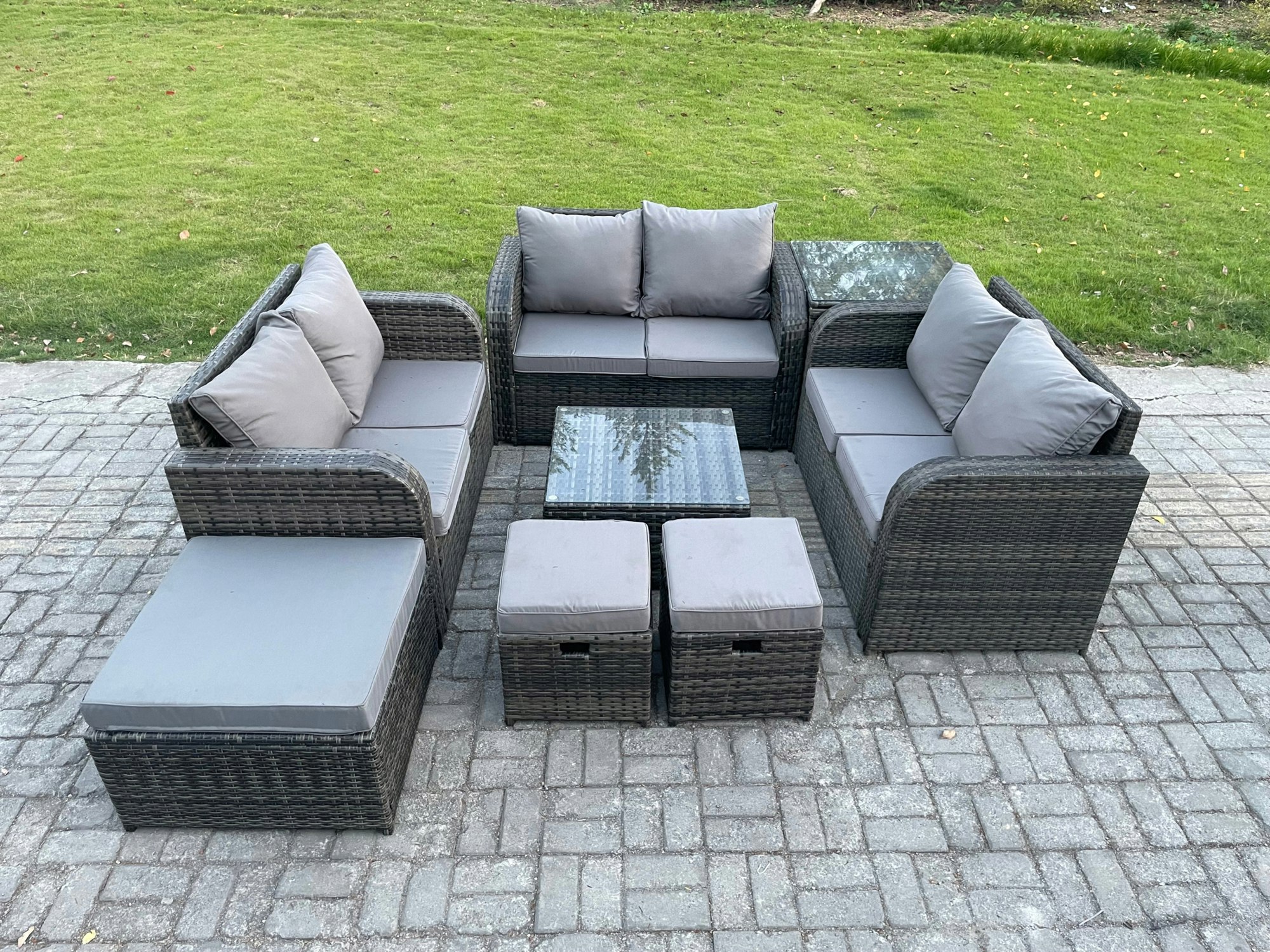 Rackhams Dark/Grey 9 Seater Outdoor Garden Furniture Sets Wicker Rattan Furniture Sofa Sets With Square Coffee Table Love Seat Sofa 3 Footstools Side Table