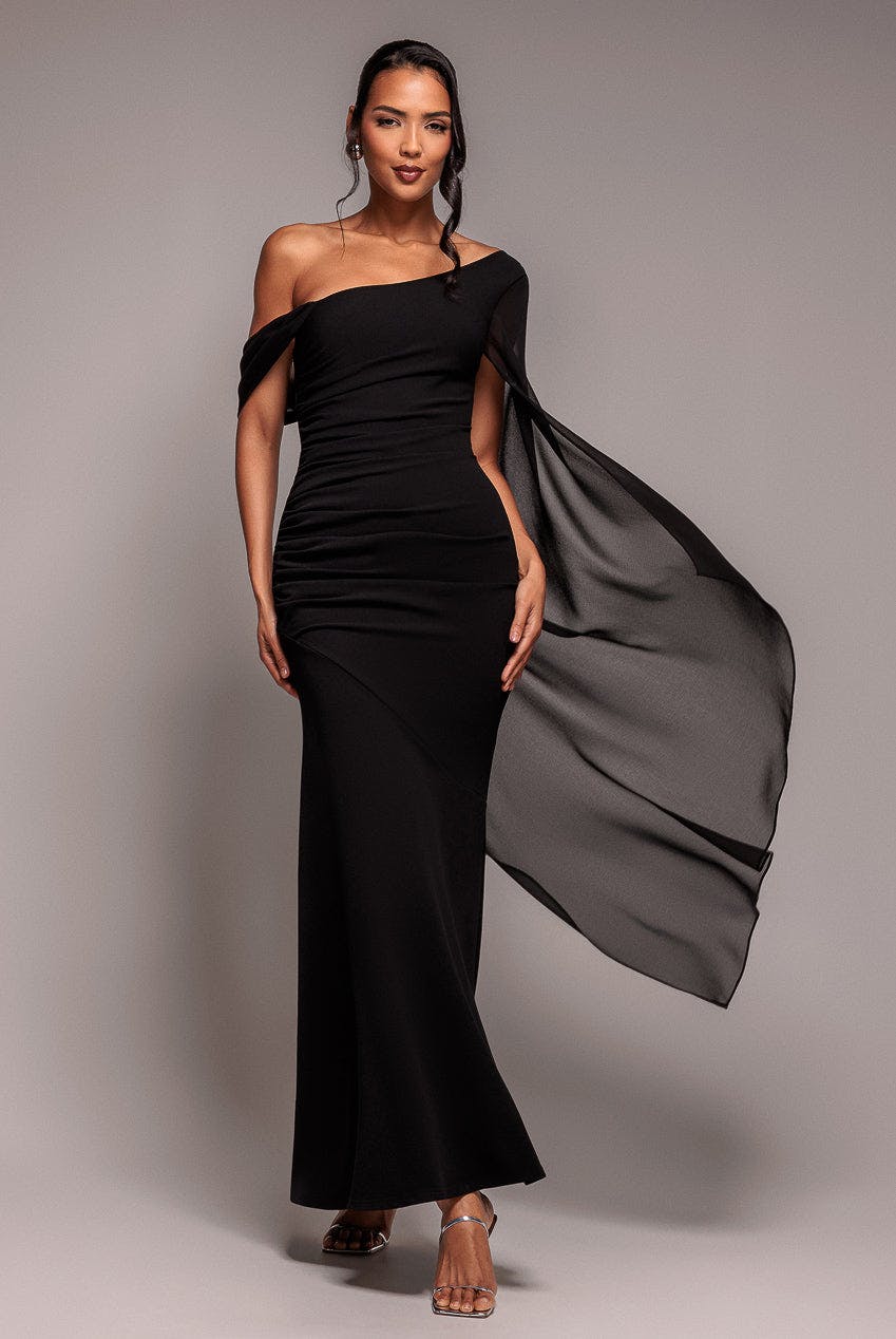 Goddiva Black One Shoulder Cape Scuba & Chiffon Maxi Dress - By - 10