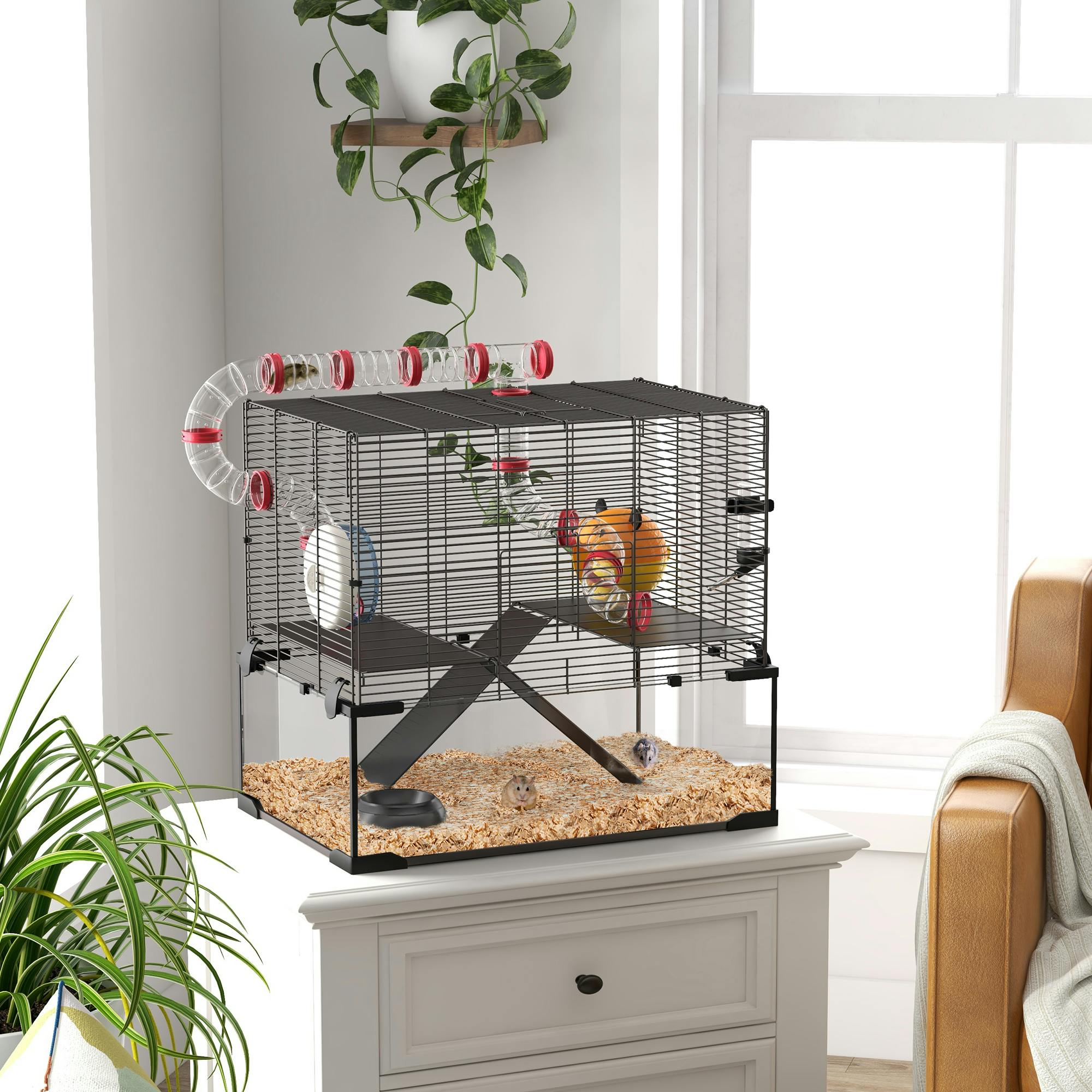 Pawhut Hamster Cage W/ Tubes, Ramps, Platforms, Hut, 60 X 40 X 57Cm - 60 X 40 X 57Cm