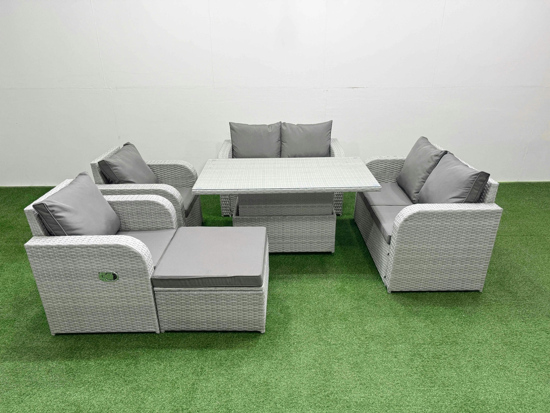 Rackhams Light/Grey 7 Seater Outdoor Reclining Chair Love Sofa Set Rattan Garden Furniture Set With Adjustable Lifting Dining Or Coffee Table Footstool