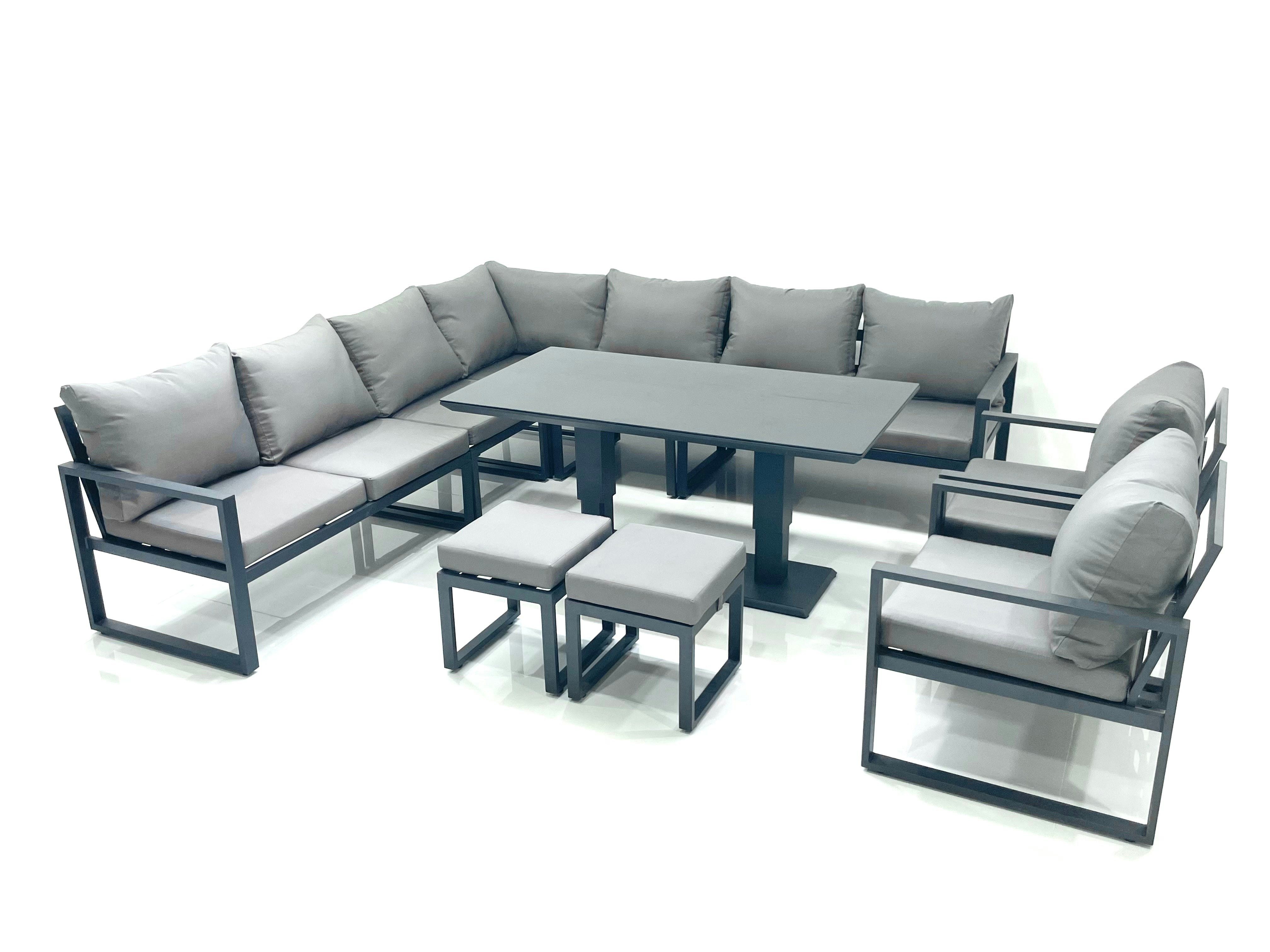 Fimous Dark/Grey 11 Seater Outdoor Aluminium Garden Furniture Set Corner Sofa 2 Chair 2 Small Footstool Adjustable Rising Lifting Dining Table Sets