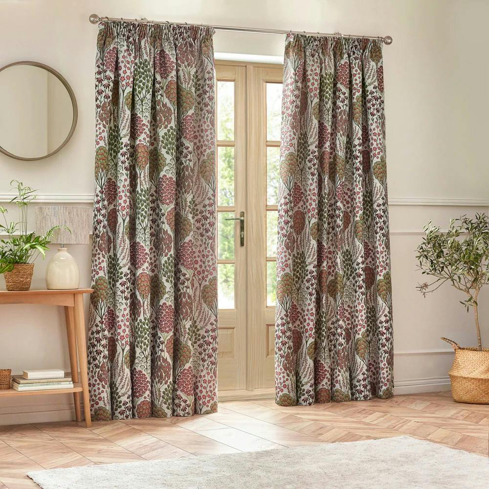 Wylder Ophelia Jacquard Floral Pencil Pleat Curtains - Rednut - 229Cm X 183Cm - Rednut - 100% Polyester
