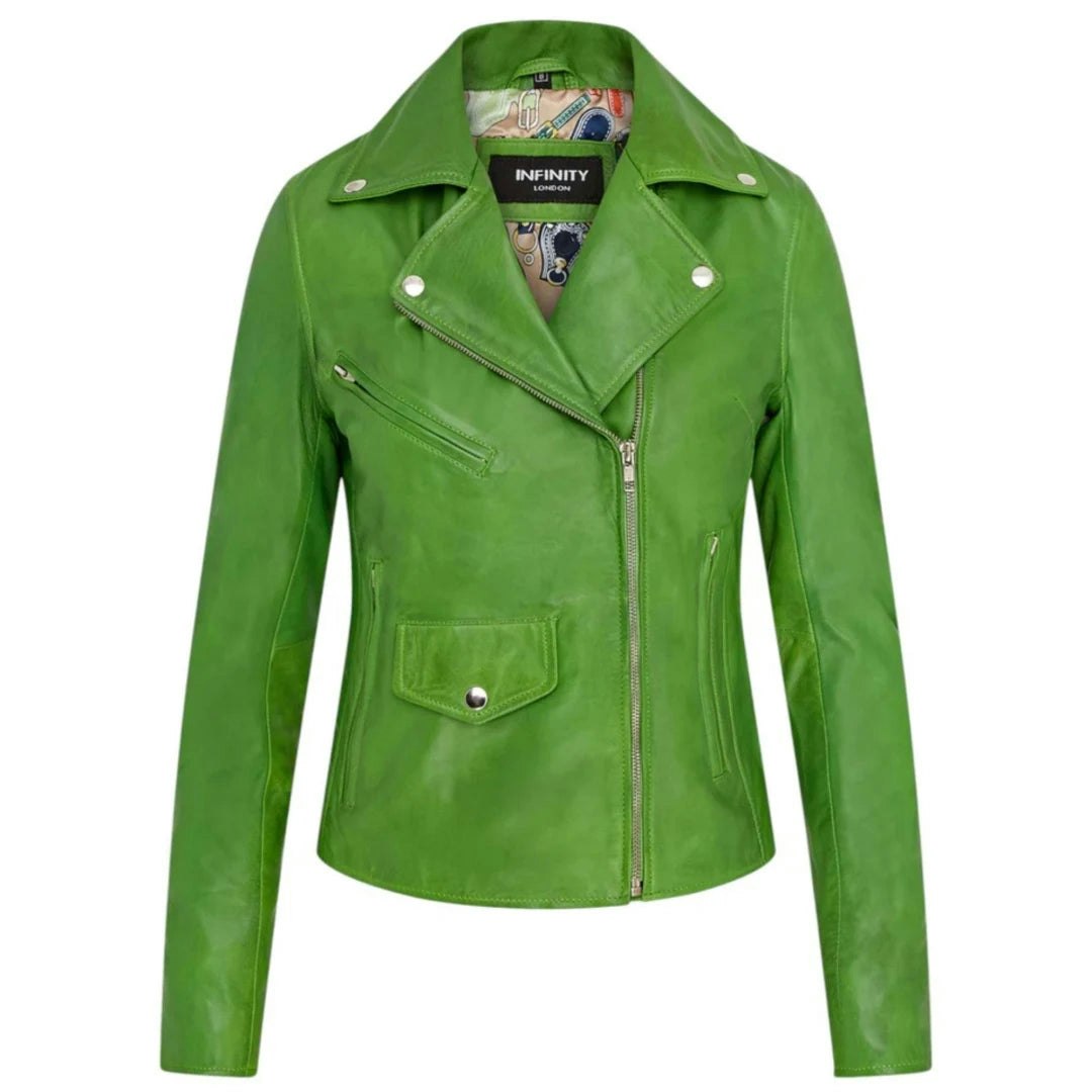 Infinity Leather Women's Green Leather Company Real Leather Brando Style Biker Jacket - Uk 14