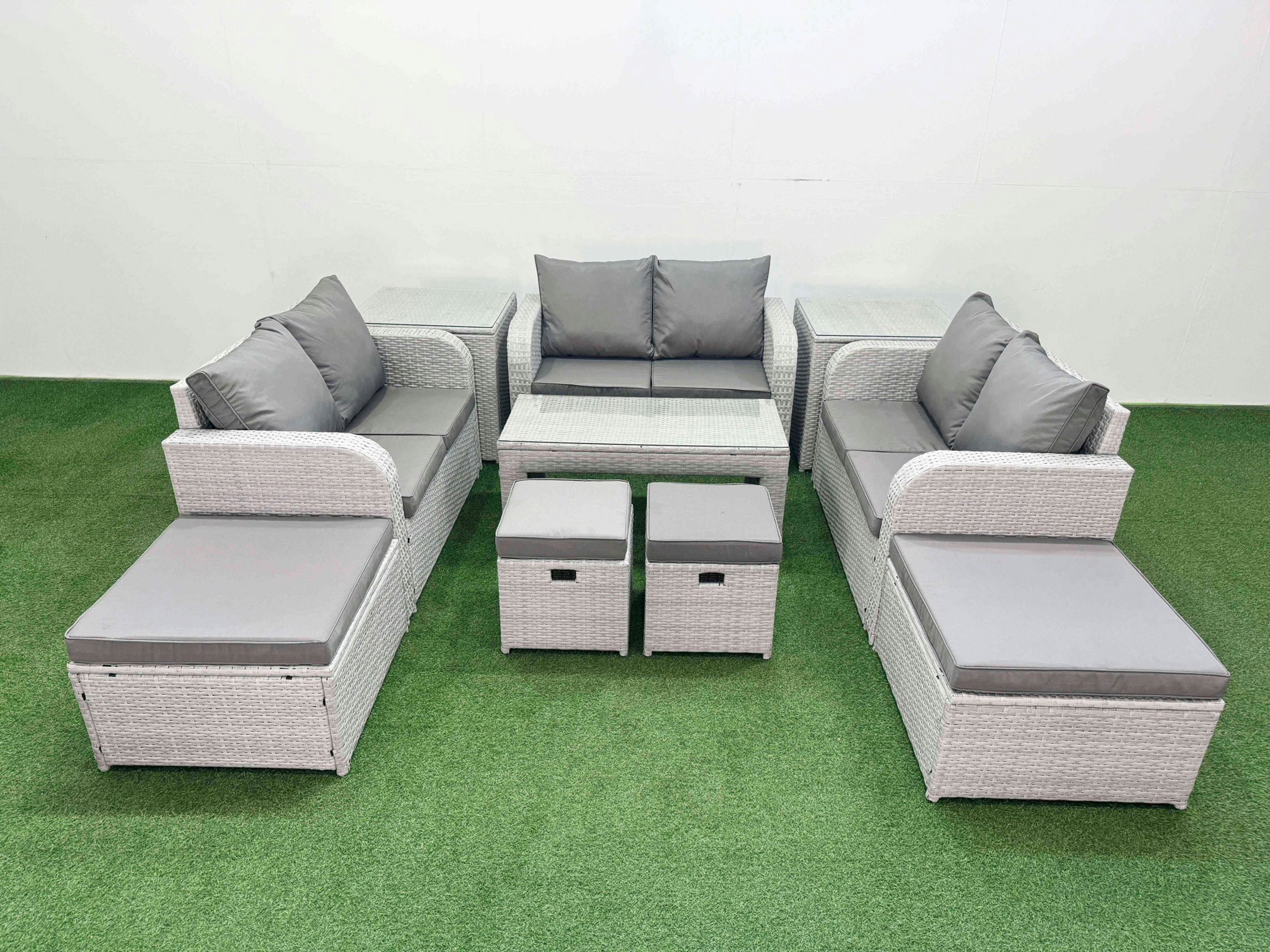 Fimous Light/Grey Pe Wicker Rattan Furniture Sofa Sets With Oblong Coffee Table Love Sofa 4 Stools 2 Side Table Mixed