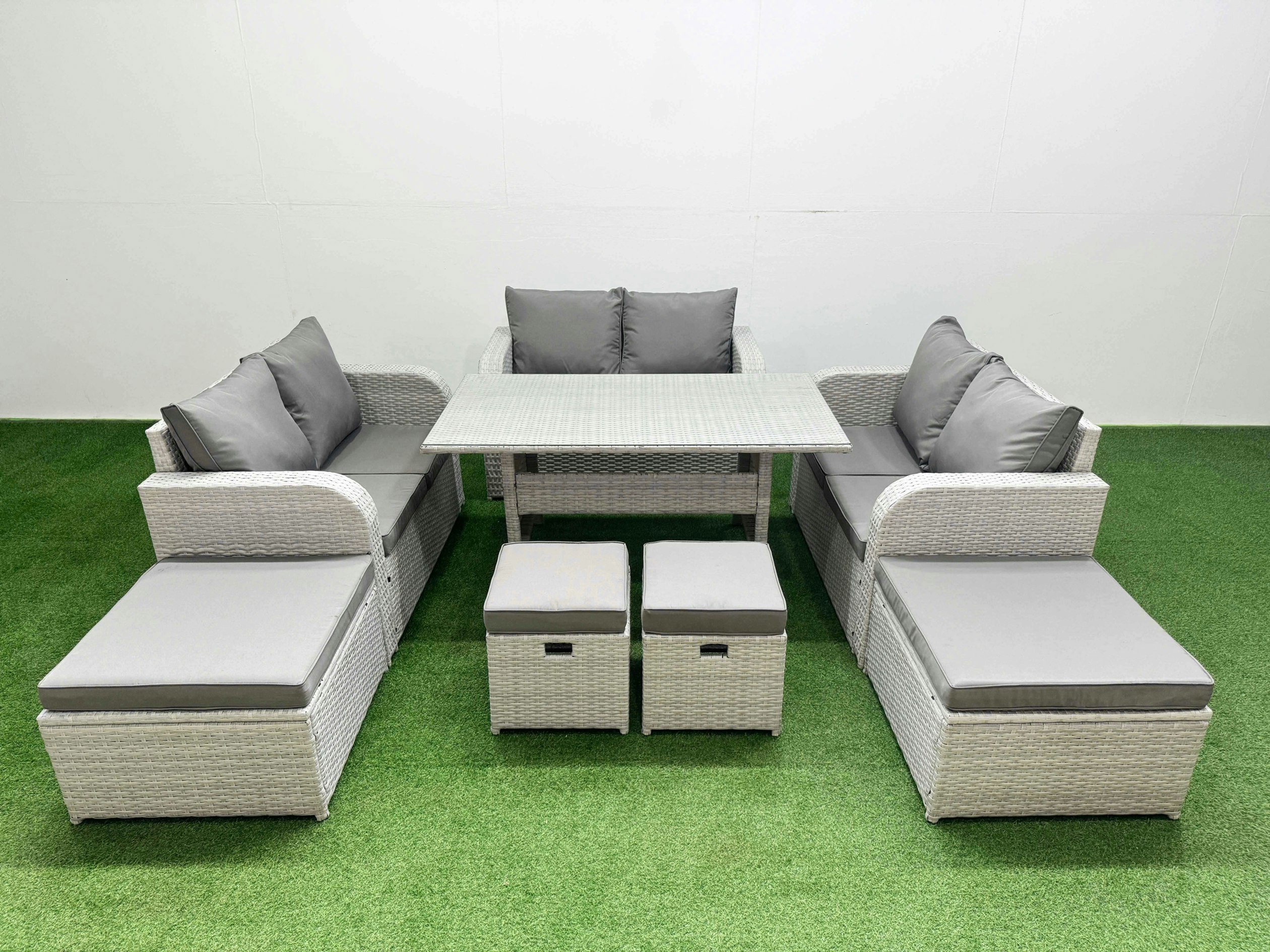 Rackhams Light/Grey Pe Rattan Lounge Sofa Set 10 Seater Outdoor Garden Furniture Set With Dining Table Love Sofa 2 Big Footstools 2 Small Stool
