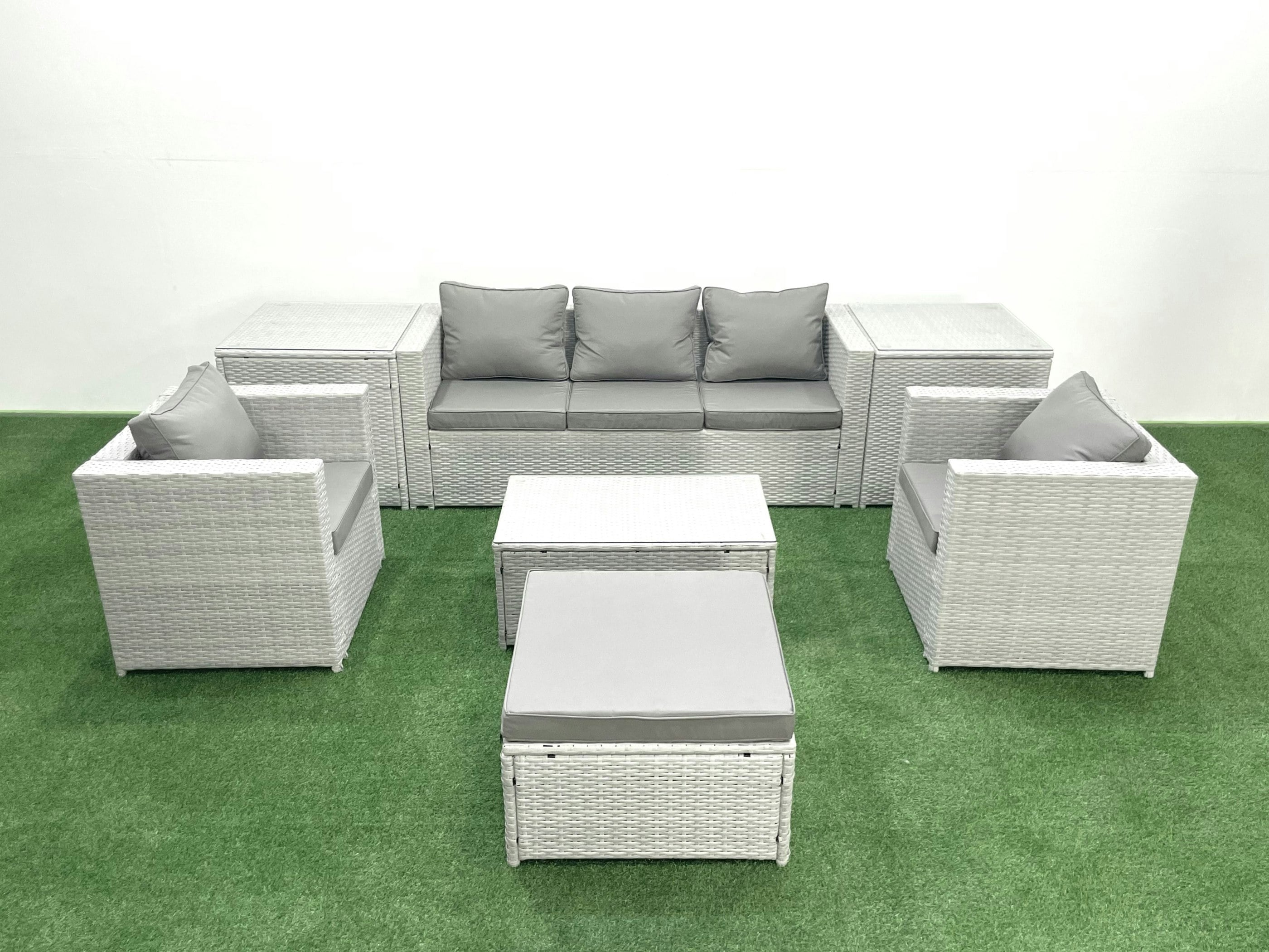 Rackhams Light/Grey Rattan Garden Furniture Set With 3 Seater Sofa 2 Chair Rectangular Coffee Table Big Footstool 2 Side Tables Mixed 6 Seater