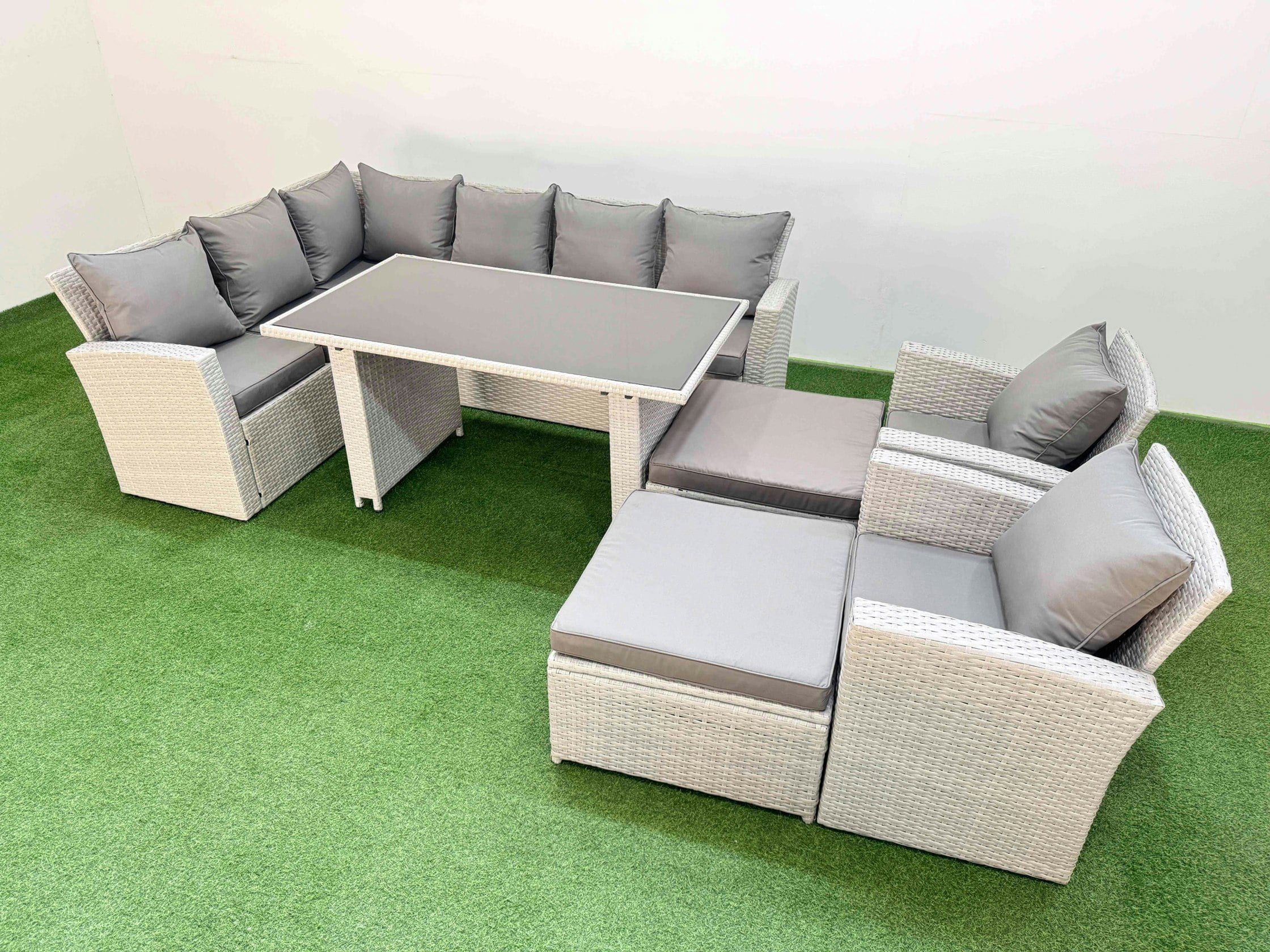 Fimous Light/Grey 10 Seater Wicker Rattan Corner Sofa Sets Outdoor Garden Furniture Sets With Rectangular Dining Table Lounge Sofa 2 Big Footstools