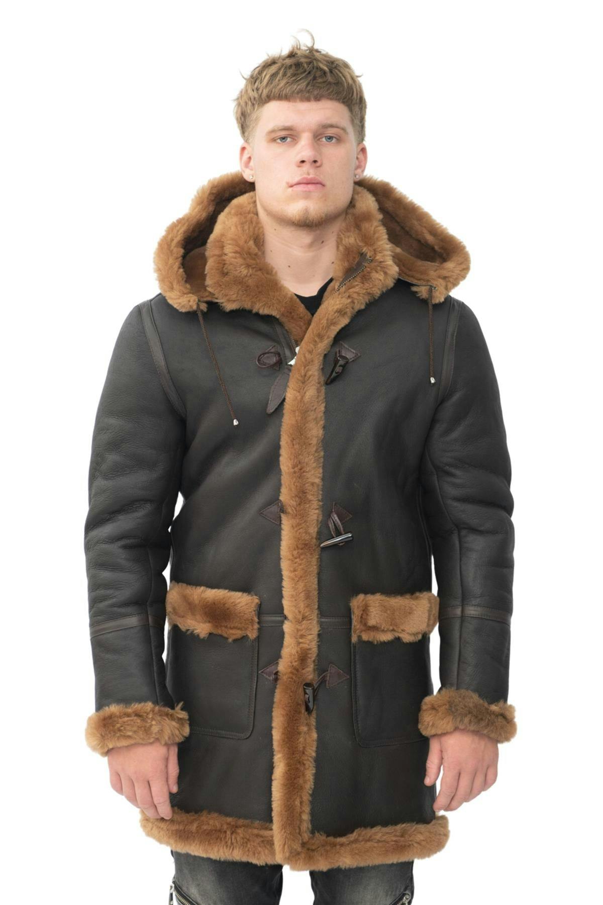 Infinity Leather Men's Brown Winter Sheepskin Hooded Duffle Coat-Isleworth - Ginger - 4XL