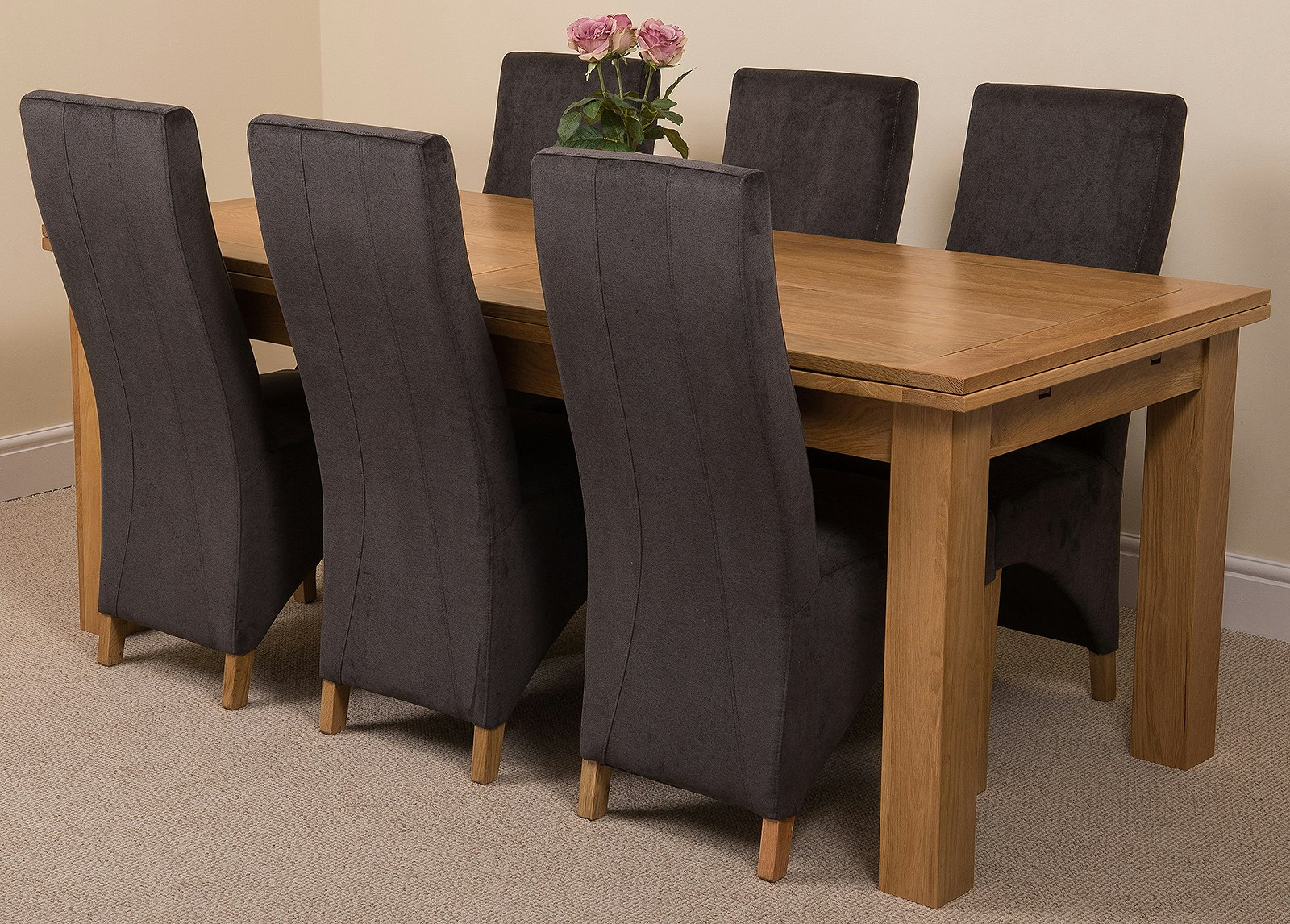 Rackhams Black Richmond Large Oak Extending Dining Table With Lola Fabric Chairs - 6 Chairs