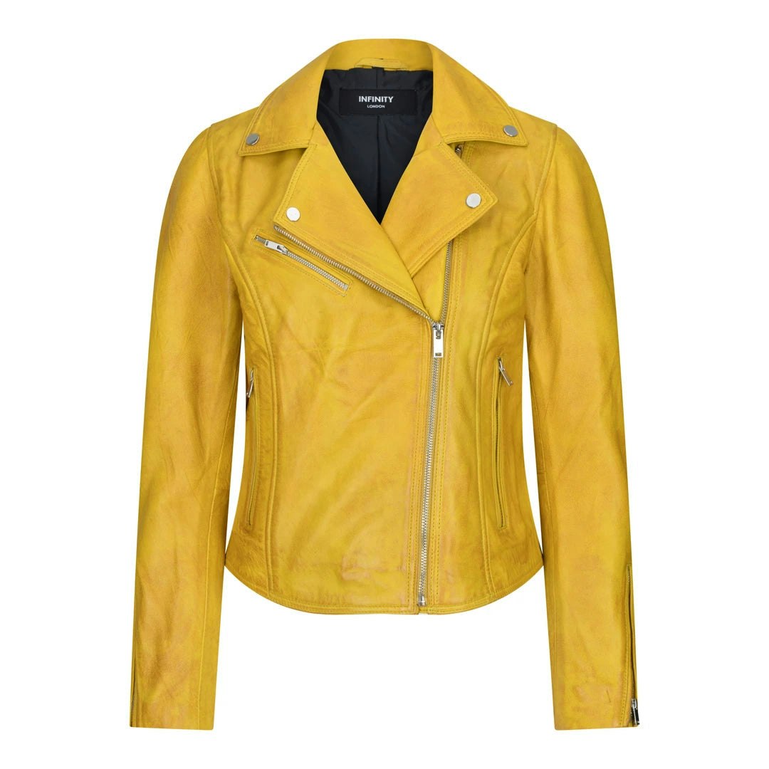 Truclothing Women's Brown/Black/Red Leather Biker Jacket Cross Zip Tan Yellow - Yellow - Uk 16