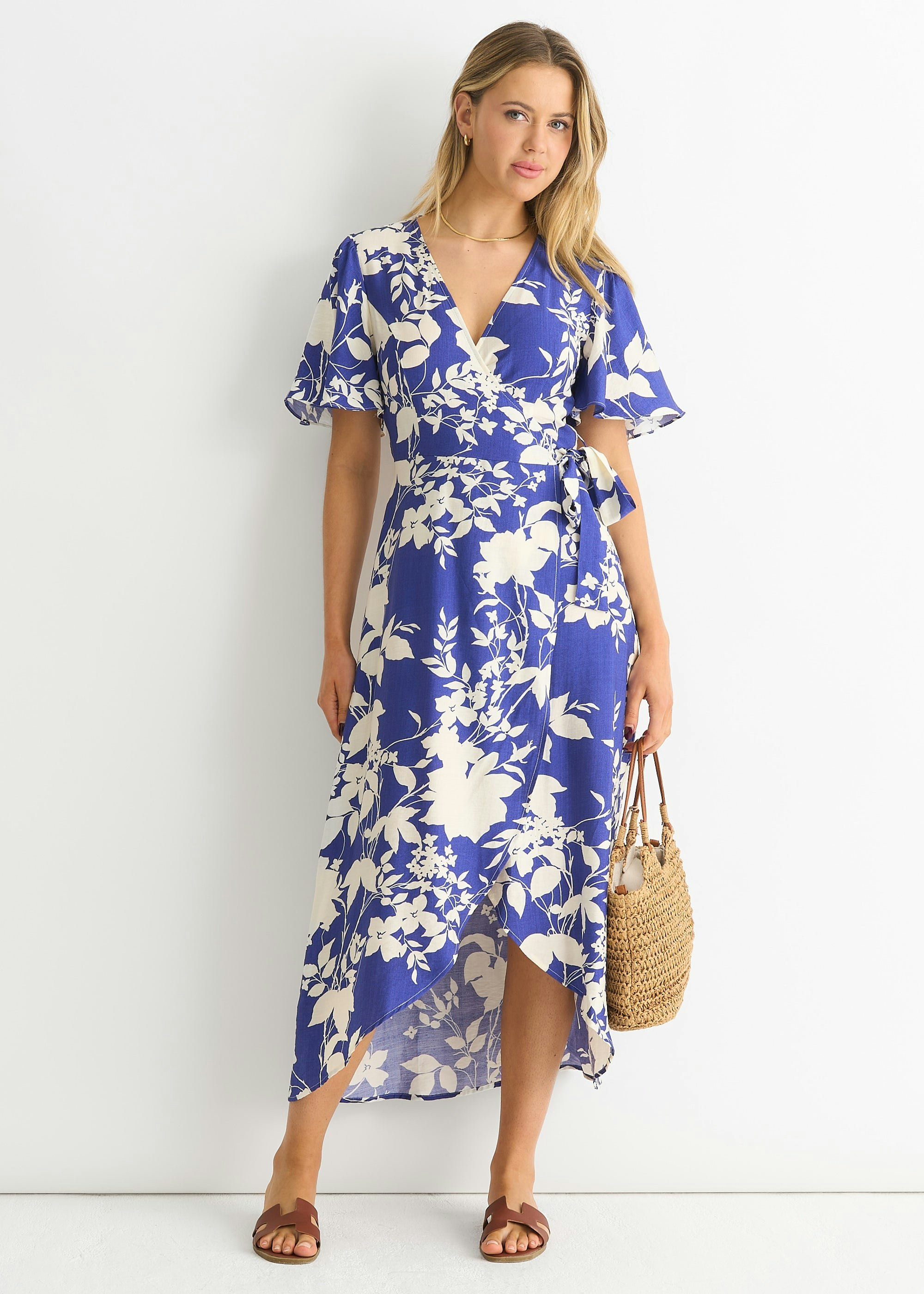 Gini London Viscose Floral Wrap Midi Dress - Uk 8 / Us 4 / Eu 36