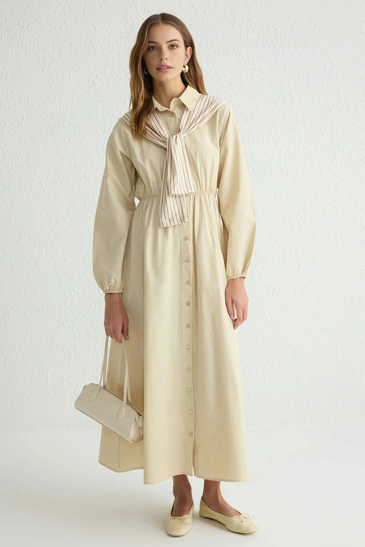 Wovcor Beige Striped Shirt Collar Long Sleeve Midi Dress With Scarf Detail - 8