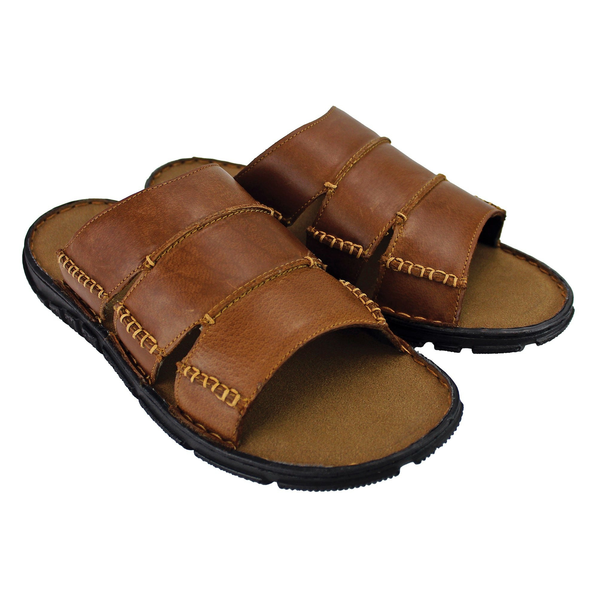 Dunlop Men's Black Summer Beach Leather Slip On Slippers - Tan Size 9 Uk