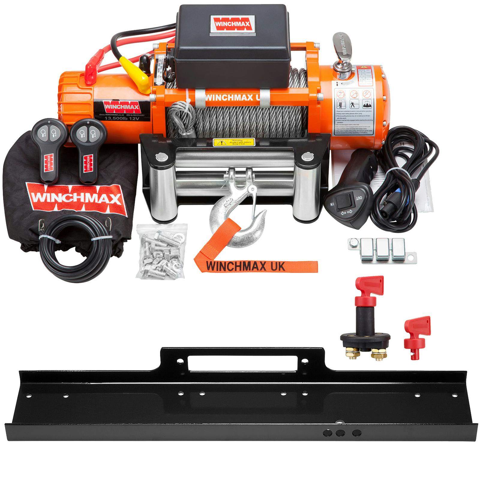 Winchmax 13,500Lb (6,123Kg) 12V Electric Winch 26M X 95Mm Steel Rope, Mounting Plate, Battery Isolator