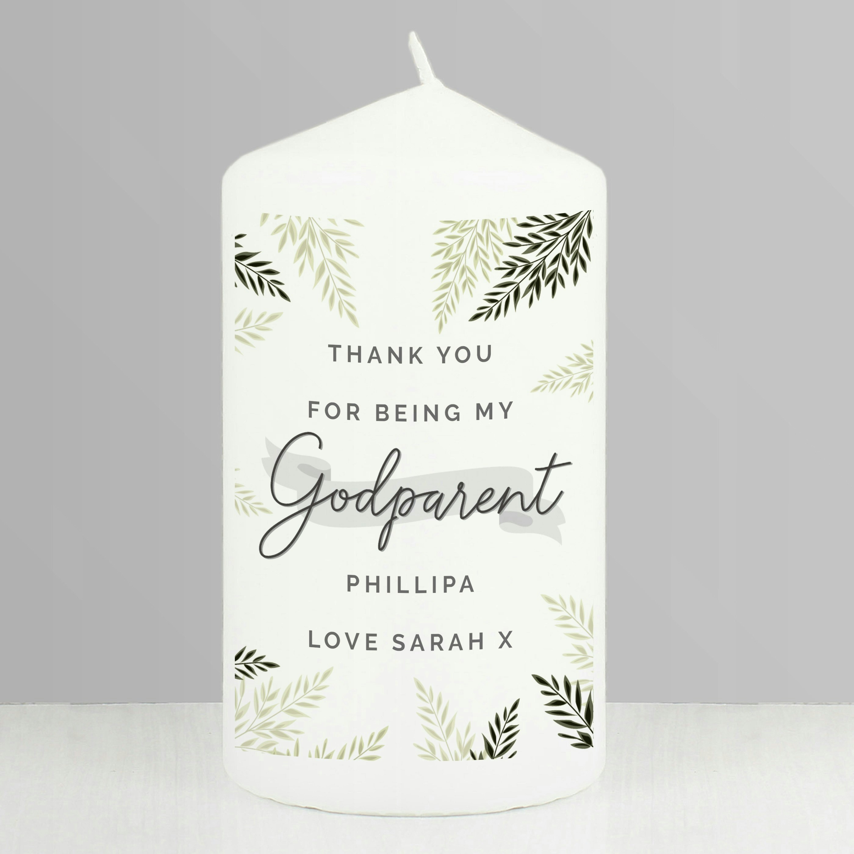 Personalised Memento Company Personalised Godparent Leaves Pillar Candle