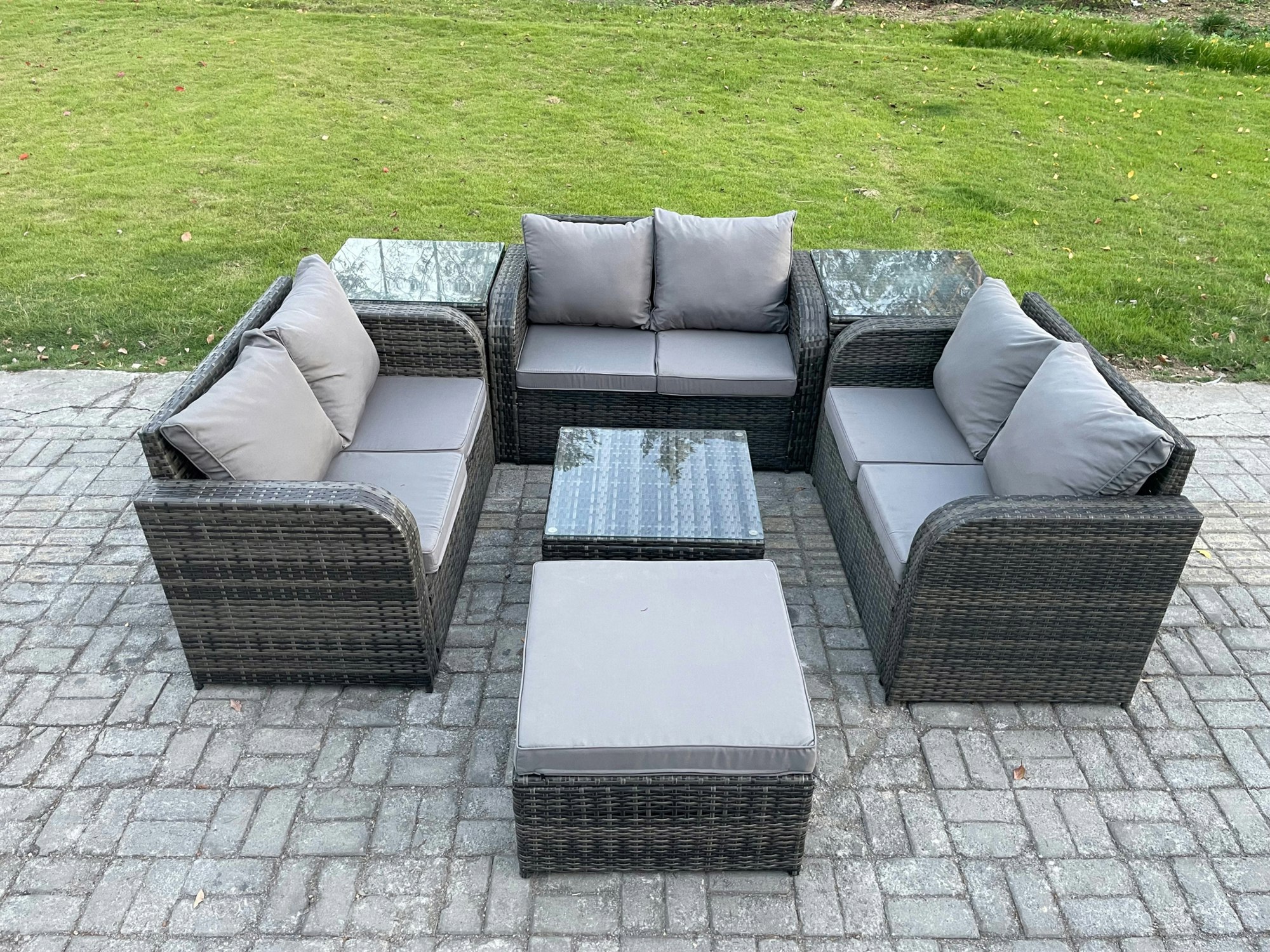 Fimous Dark/Grey Outdoor Garden Furniture Sets 7 Seater Wicker Rattan Furniture Sofa Sets With Square Coffee Table Love Seat Sofa Big Footstool 2 Side Tables