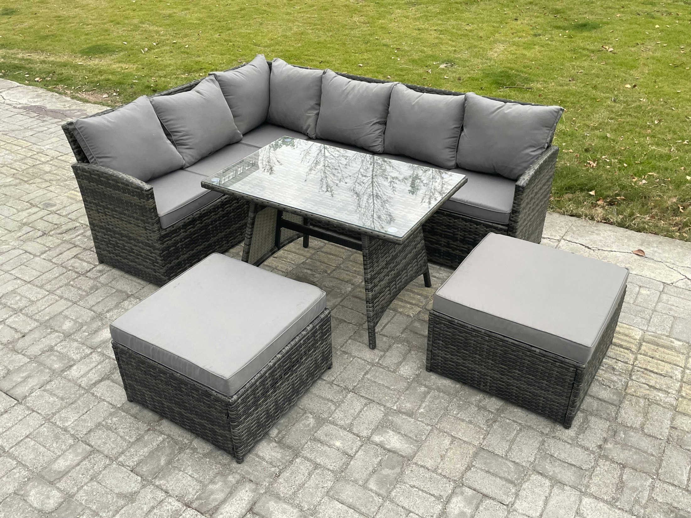 Fimous Dark/Grey Rattan Garden Furniture Corner Sofa Set With Oblong Dining Table 2 Big Footstool Outdoor Wicker Rattan Set Mixed