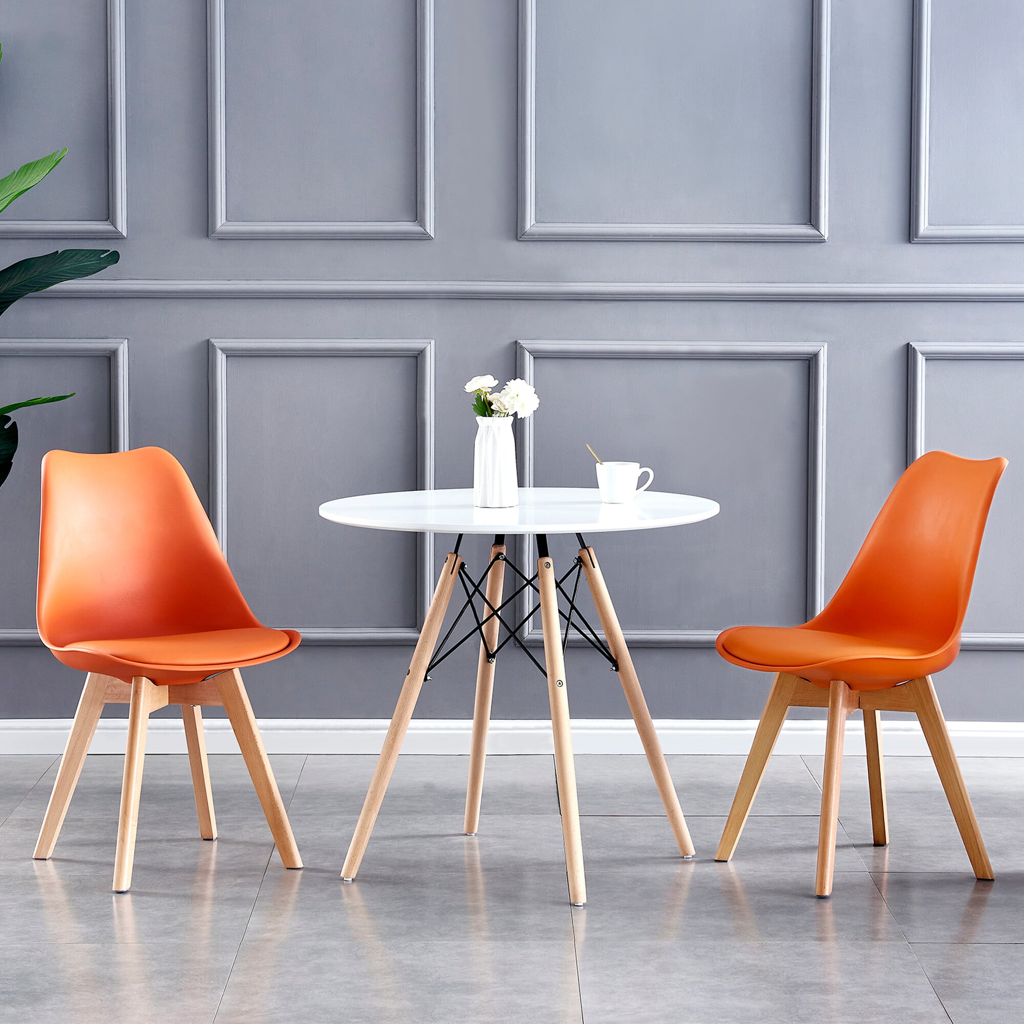 Rackhams Orange Set Of 2 Dining Chairs With Solid Wooden Legs And Seat Cushion Pad Eva
