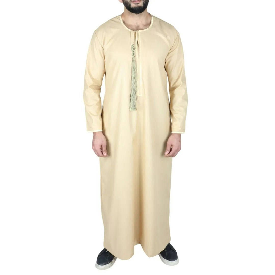 Thobez Men's Cream Thobe Jubba Islamic Clothing Muslim Kaftan Emirati Omani Robe Arab Tassel - Medium