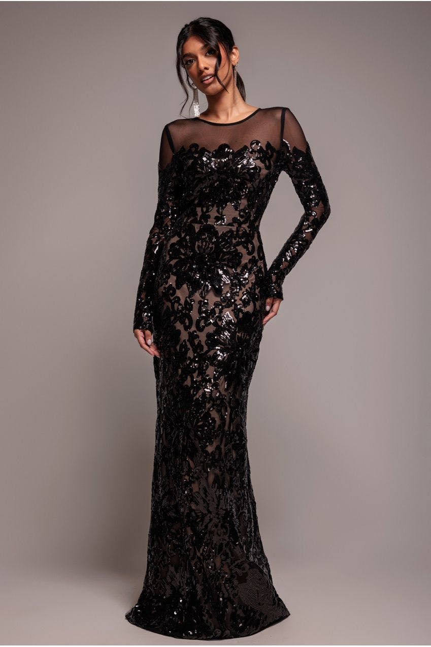 Goddiva Black Floral Sequin Mesh Maxi - By - 8