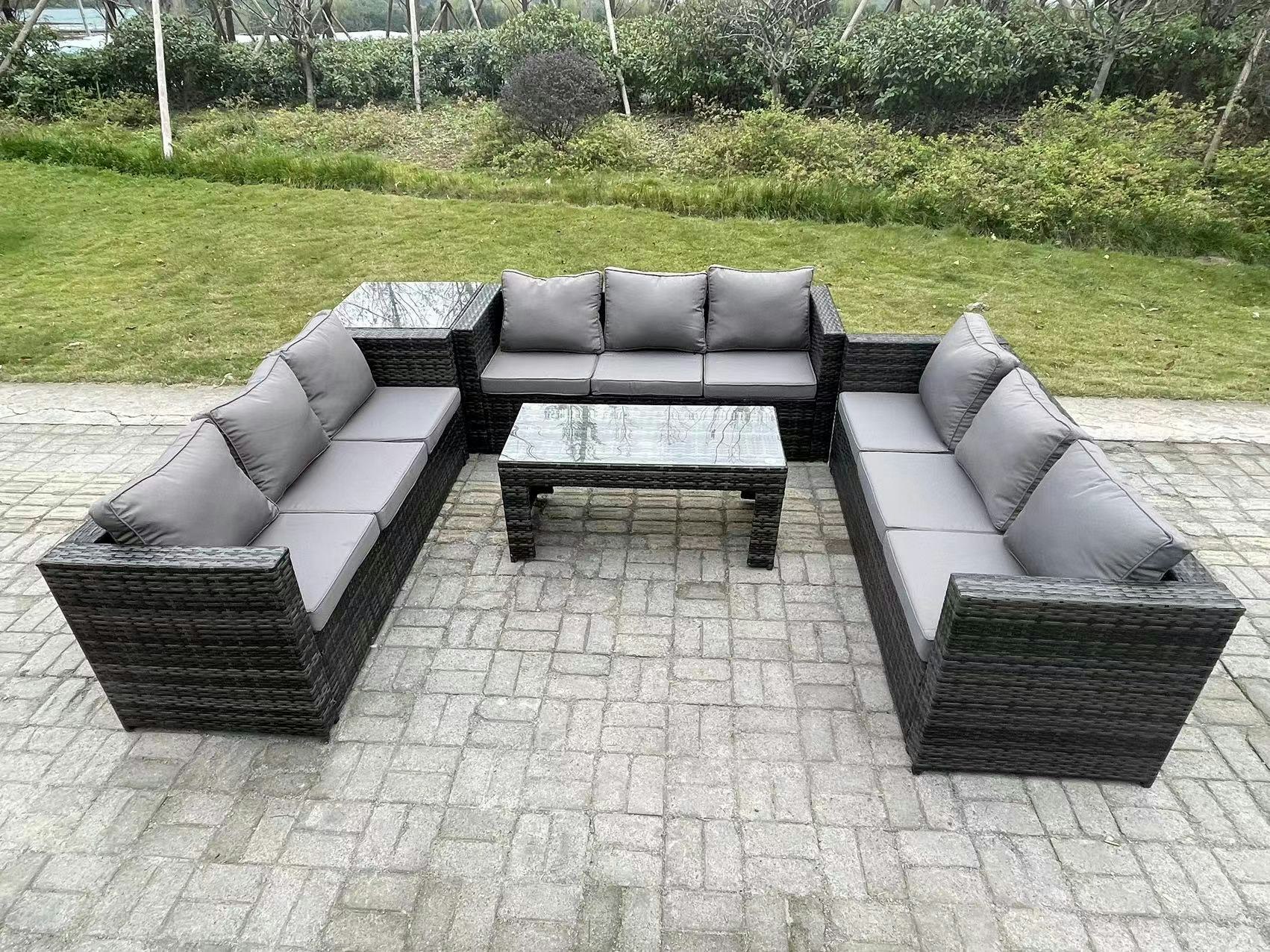 Fimous Dark/Grey Outdoor Rattan Garden Furniture Lounge Sofa Set With Oblong Rectagular Coffee Table And Side Table