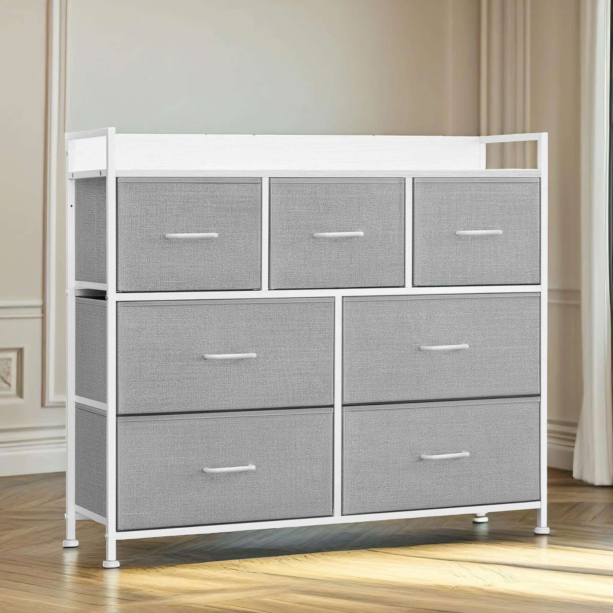 Rafaelo Mobilia Light/Grey Industrial Bedroom Chest With 7 Fabric Drawers
