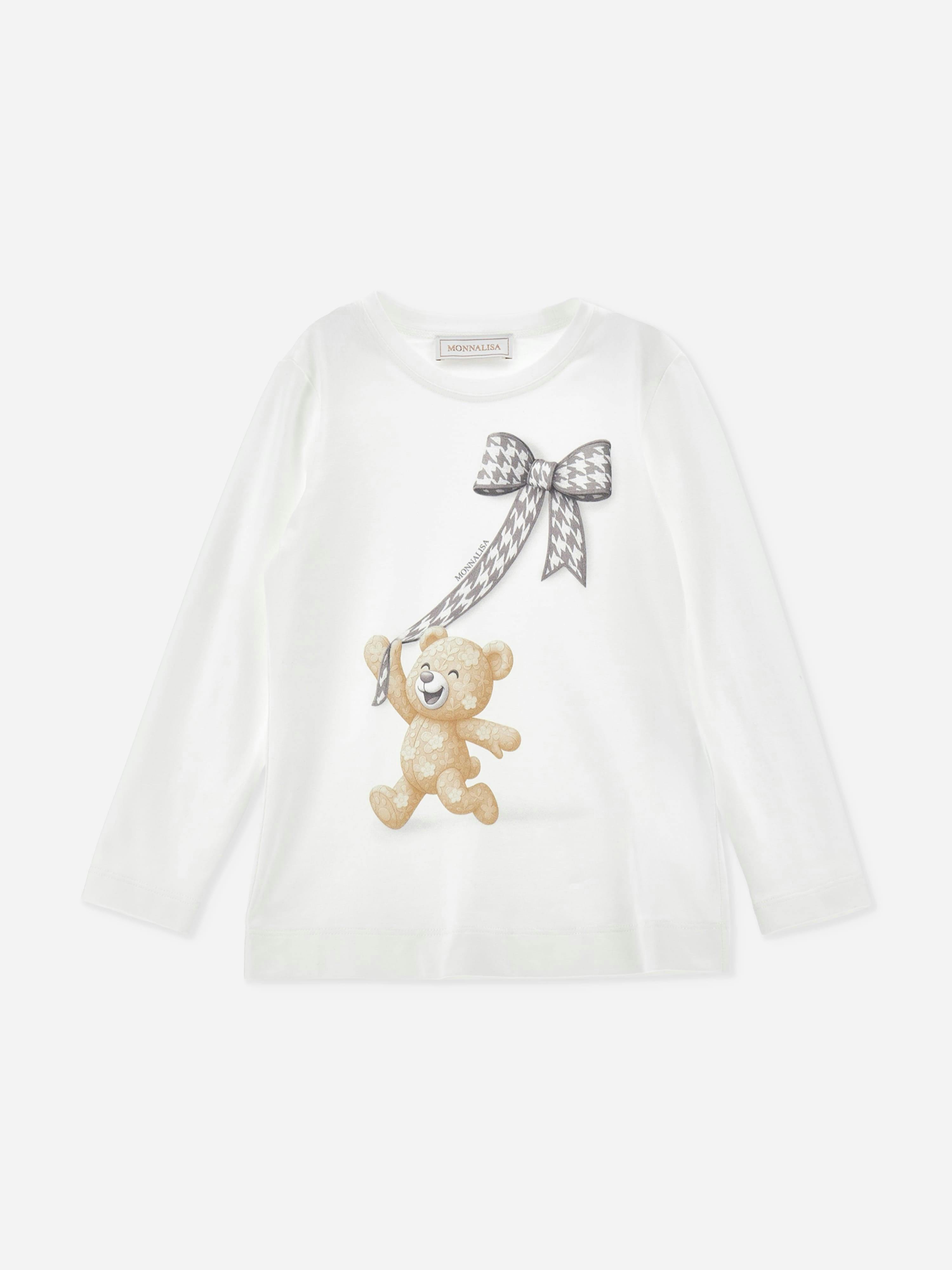Monnalisa Girls Ivory Teddy Bear And Bow T-Shirt In - 5 Yrs