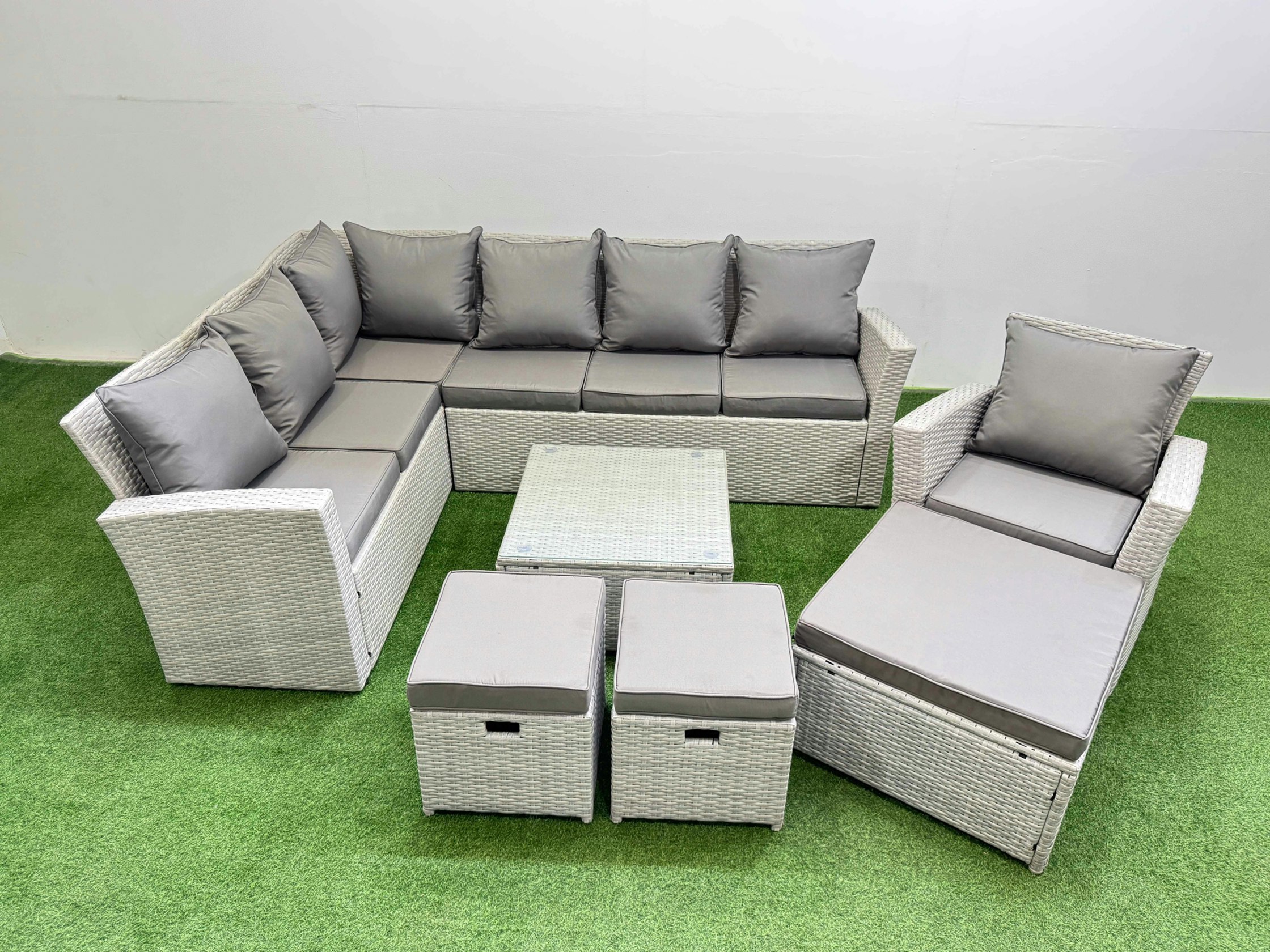 Fimous Light/Grey Outdoor Rattan Garden Furniture Set 10 Seater Corner Sofa Sets With Square Coffee Table Chair 3 Footstools Mixed