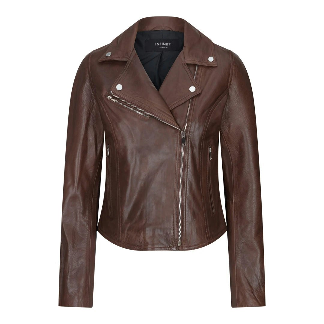 Truclothing Women's Brown/Black/Red Leather Biker Jacket Cross Zip Tan Yellow - Uk 14