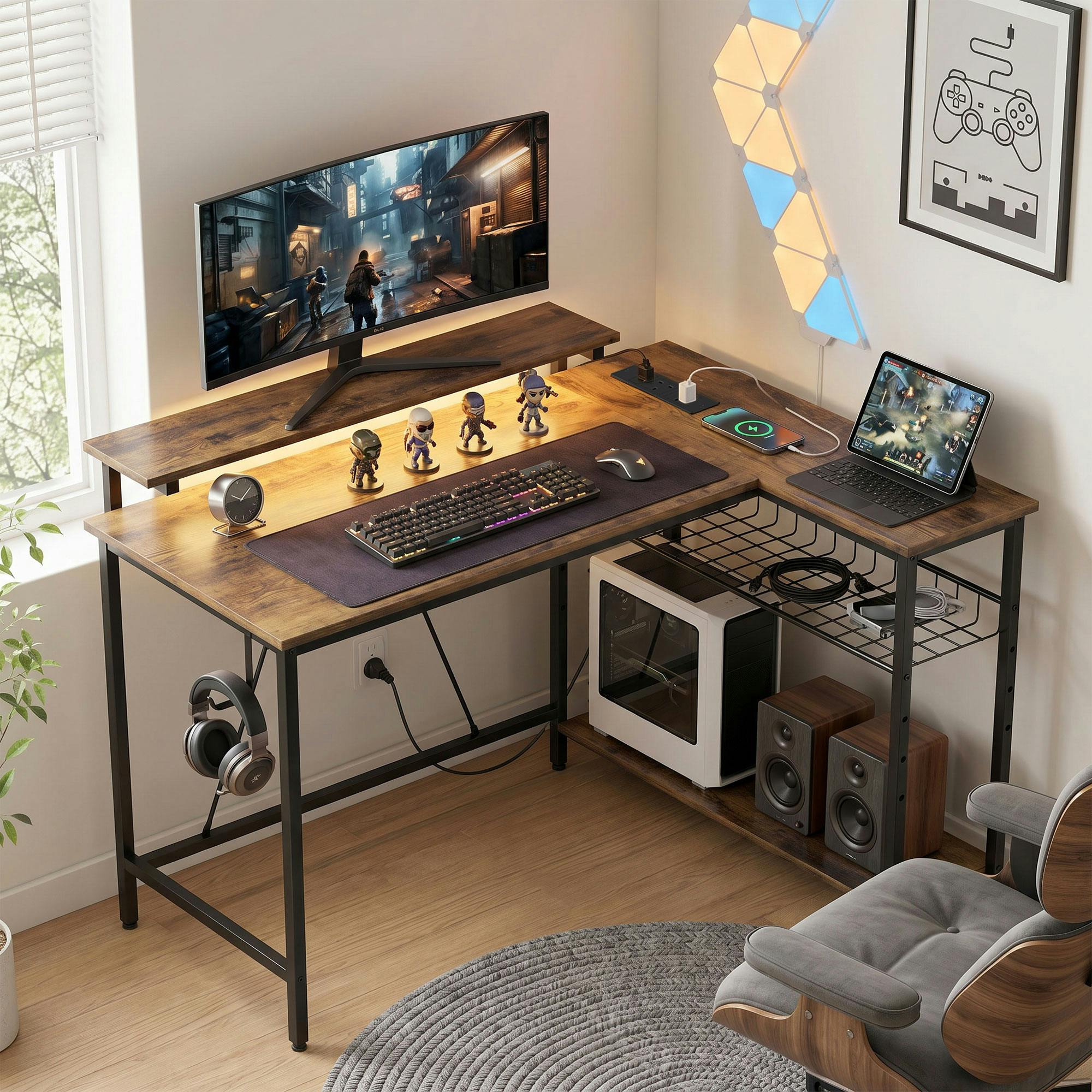 Homcom Brown L Shaped Desk With Led Lights And Storage, Rustic