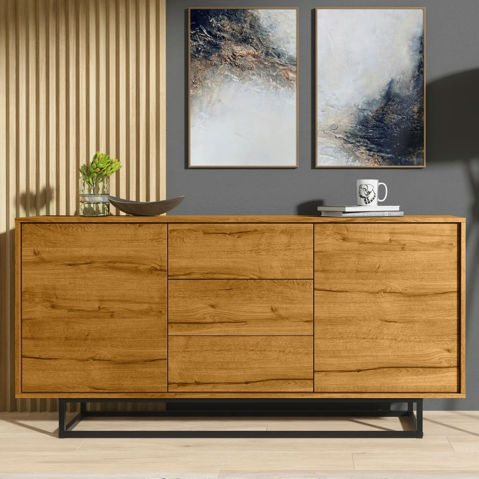 Rackhams Striking 140Cm Loft Retro Industrial Sideboard Vintage Oak Tv Unit Cabinet Cupboard - 140 Cm - Oak Matt Body & Oak Matt Fronts - Mdf/Chipboard